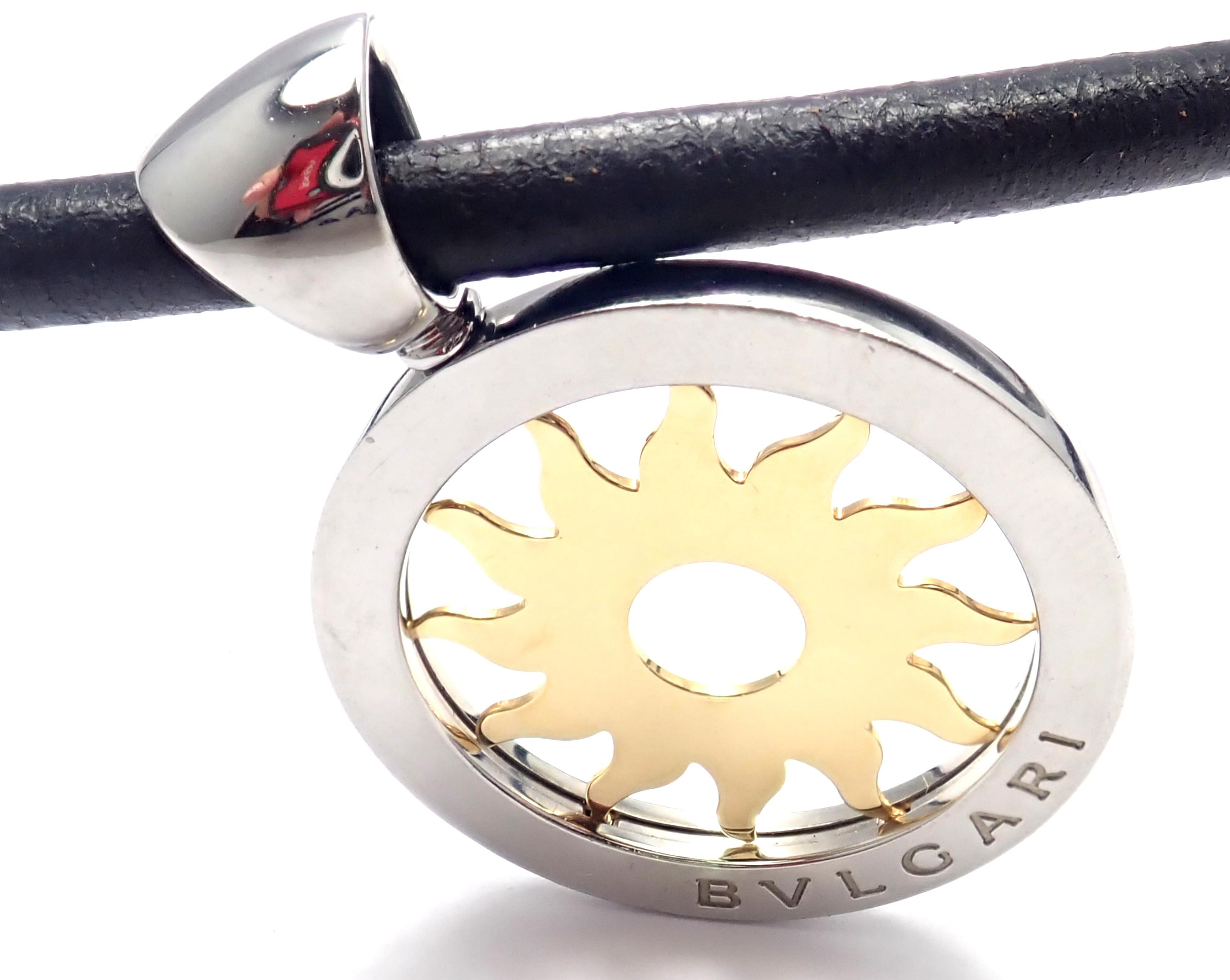 18k yellow gold and stainless steel Tondo Sun pendant necklace by Bulgari.
Details:
Leather Length: 15.5
