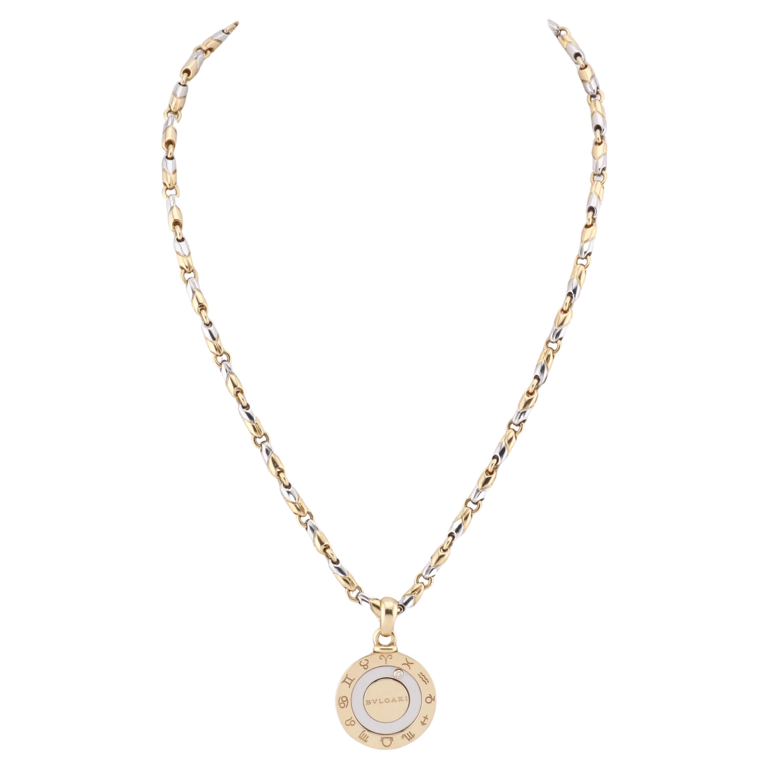 BULGARI Tondo Zodiac Diamond 18k Gold Steel Pendant Necklace