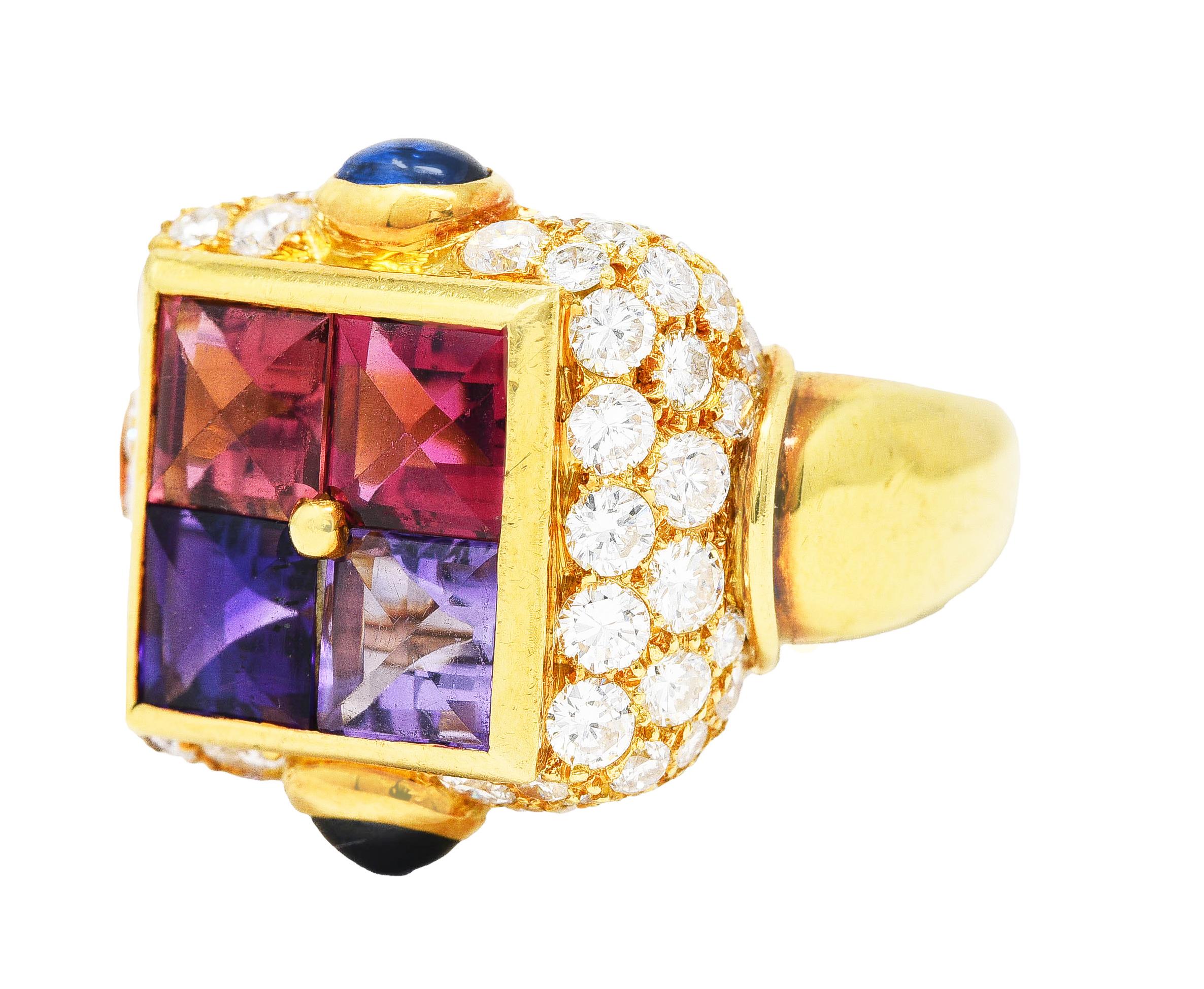 Women's or Men's Bulgari Topaz Amethyst Tourmaline Sapphire Diamond 18 Karat Gold Vintage Ring