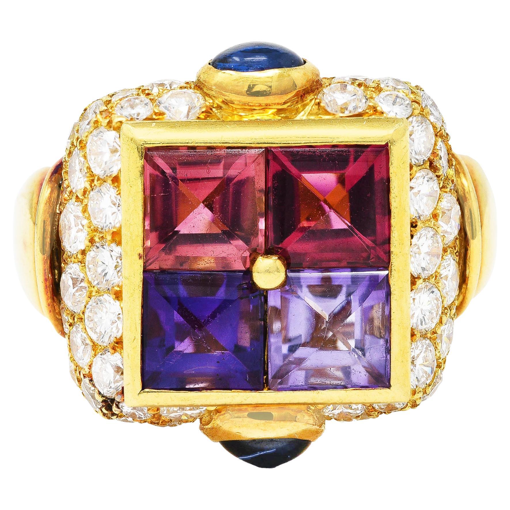 Bulgari Topaz Amethyst Tourmaline Sapphire Diamond 18 Karat Gold Vintage Ring