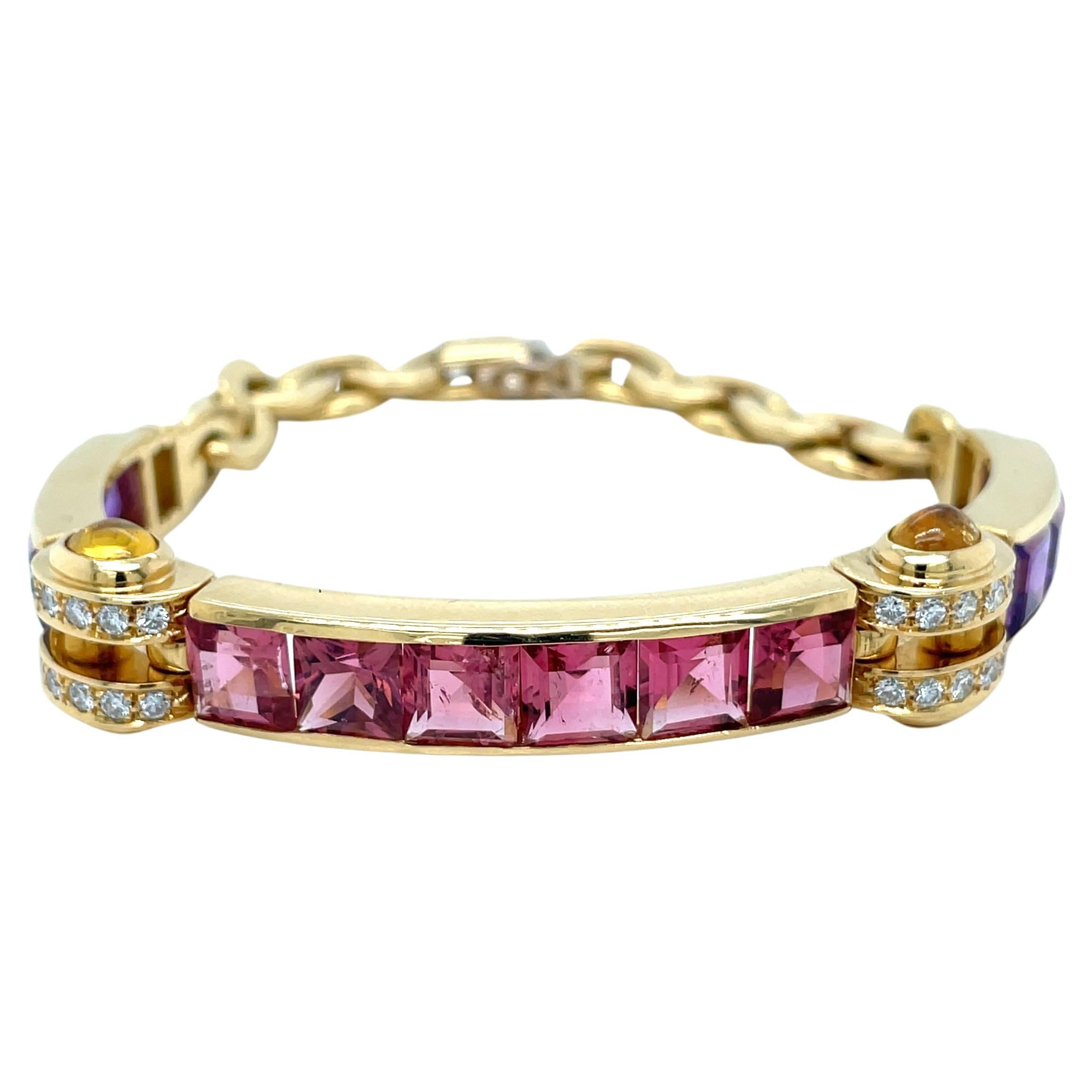 Bulgari Tourmaline Amethyst Diamond Citrine Gold Link Bracelet