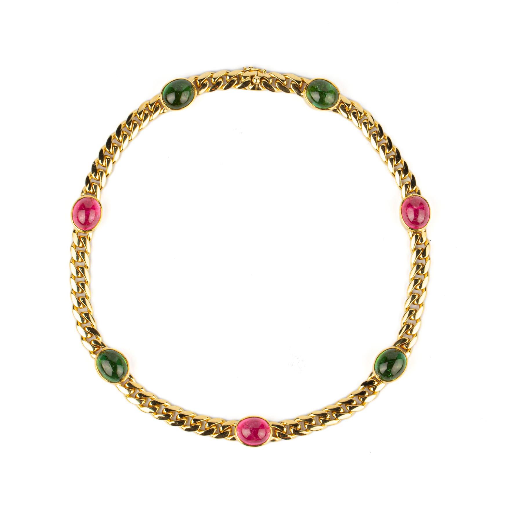 Bulgari 18k Yellow Gold & Green and Pink Tourmaline Gemstone Chain Necklace. Made in Italy, circa 1980.  