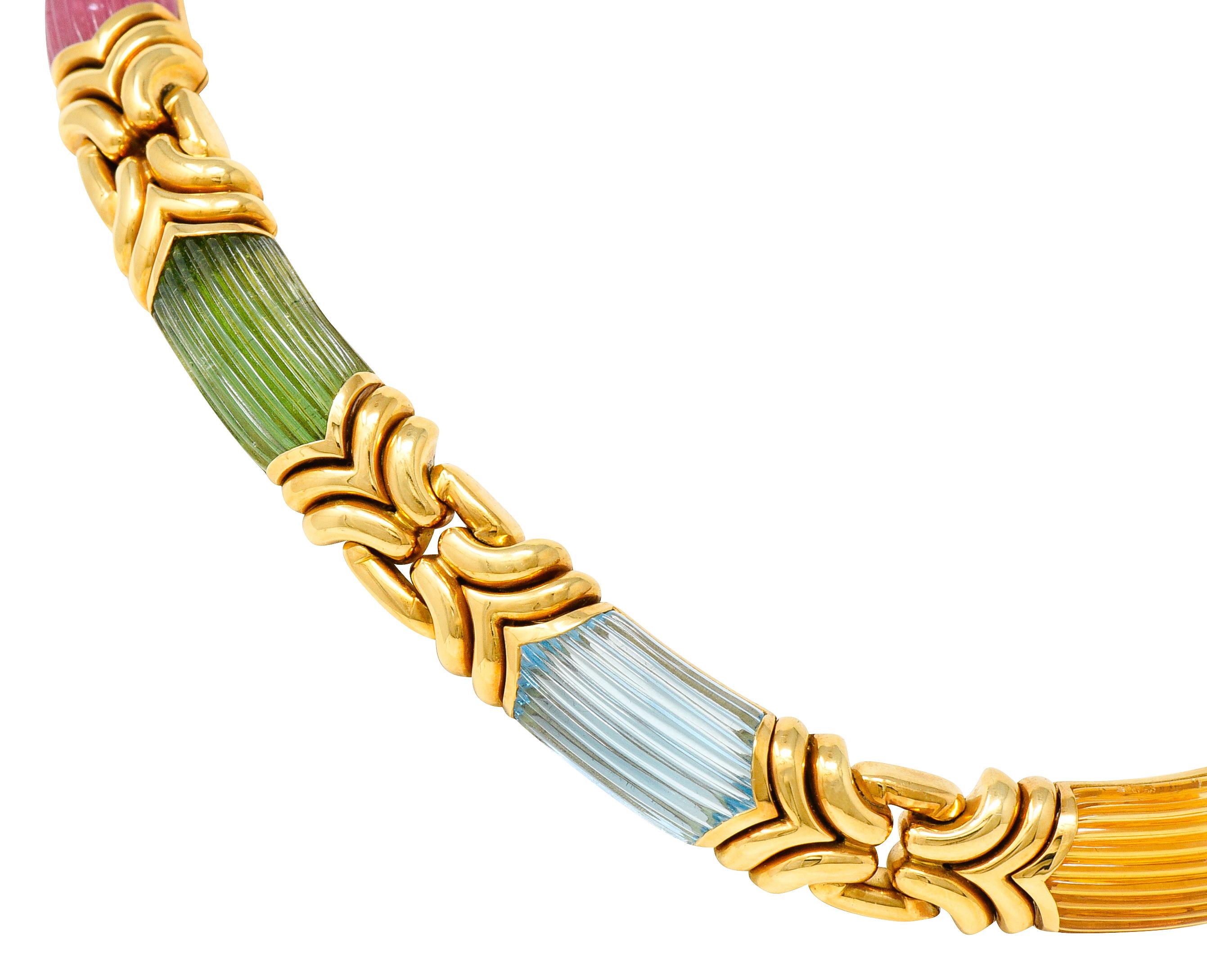 Women's or Men's Bulgari Tourmaline Topaz Citrine 18 Karat Gold Trika Vintage Gemstone Necklace