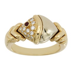 Bulgari Tow-Tone Naturalia Diamonds and Ruby 18 Karat Gold Fish Ring