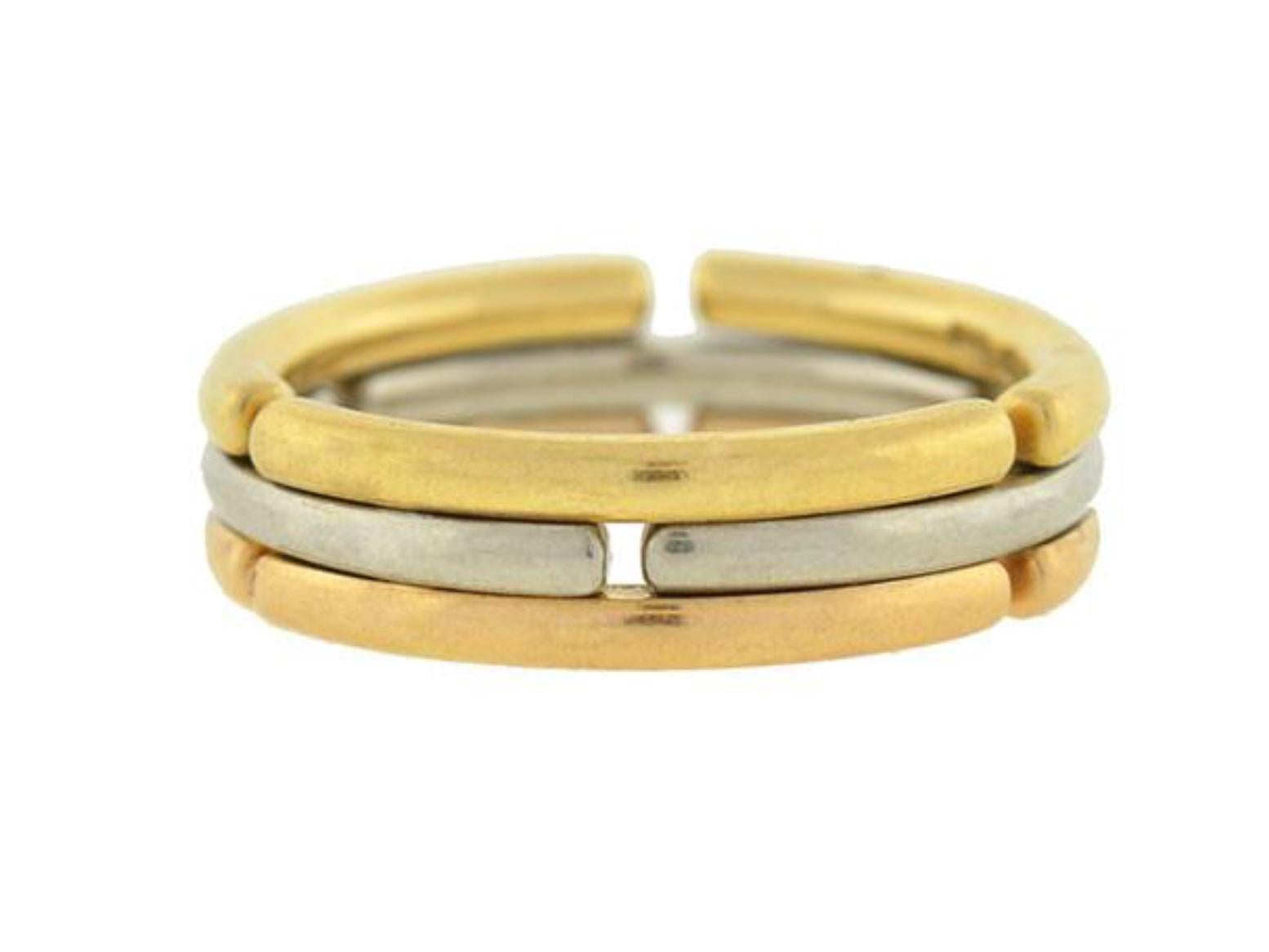 A Bulgari tri-color 18 karat yellow gold collapsible men’s ring. Size 11, not resizable.