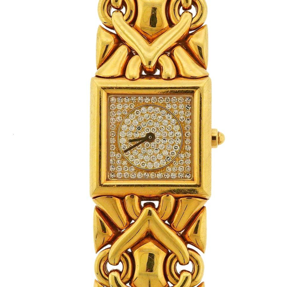 Iconic Trika 18k yellow gold watch by Bvlgari, set with full diamond dial. Ref. BJ06. Case - 21.5mm excl crown x 21mm. 18k gold Bvlgari bracelet - 6 5/8