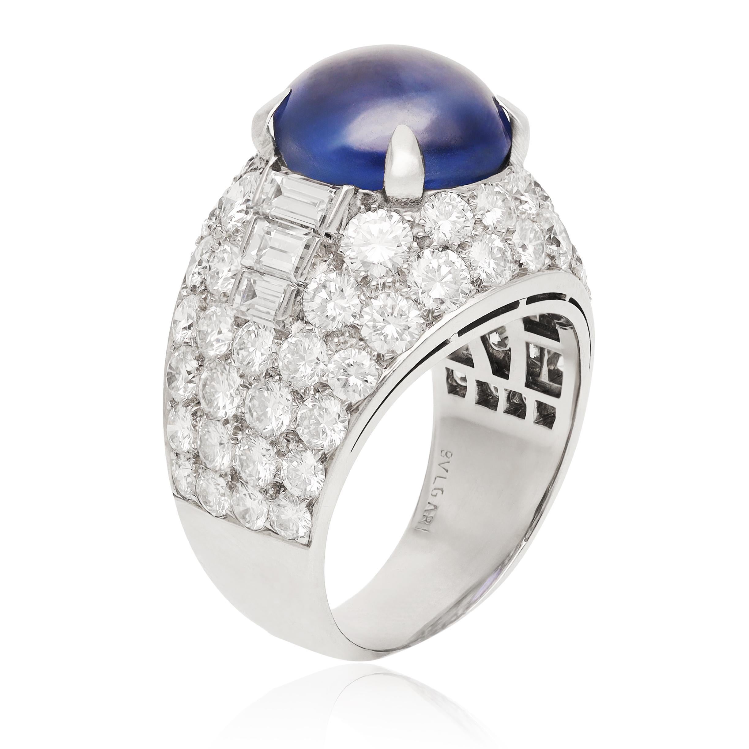 This remarkable ring is from Bulgari's Trombino collection, skillfully made in Milan, Italy. This iconic piece is crafted from solid platinum and features a dazzling high-polish finish. The Trombino collection is one of Bulgari's most coveted lines