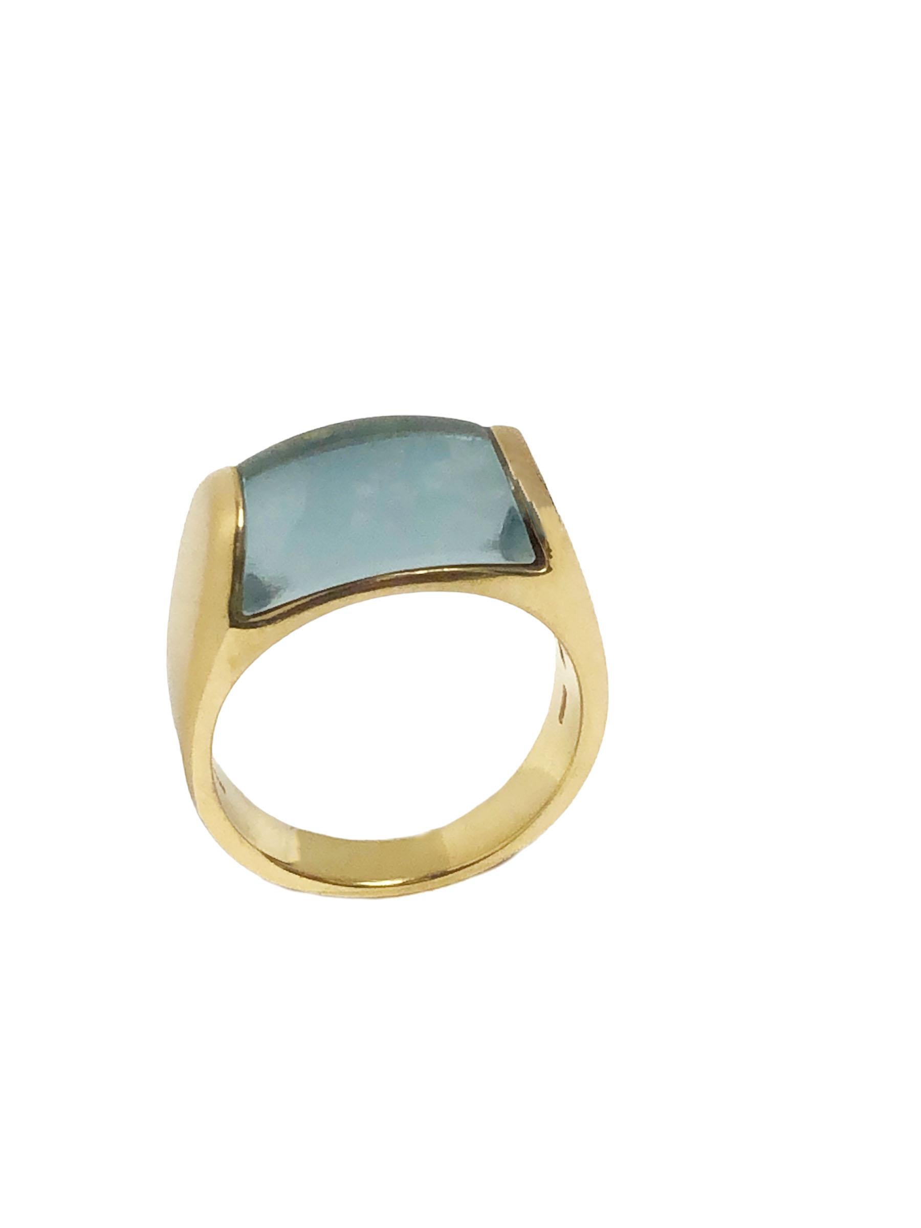Circa 1990s Bulgari Tronchetto Collection Ring, 18k Yellow Gold and set with a Domed Cabochon Blue Topaz, the top measuring 5/8 inch across. Finger size 6. Comes in original Presentation box with outer box.