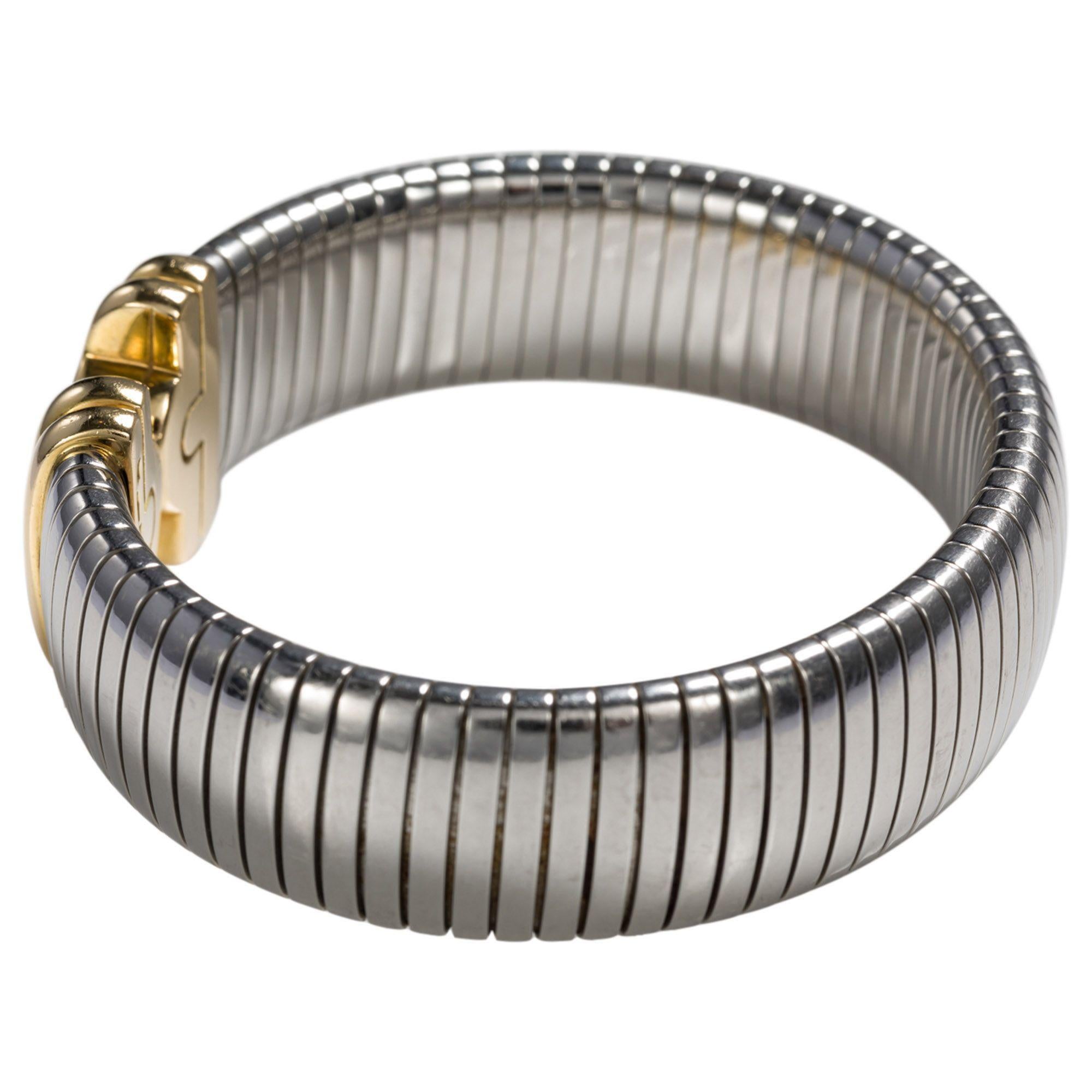 Bulgari, the Italian jeweller renowned for being worn by the world's most fashionable icons. A timeless style in 18k yellow gold and stainless steel, a wearable piece for everyday. The Tubogas style is easy to wear on the wrist, comfortable and