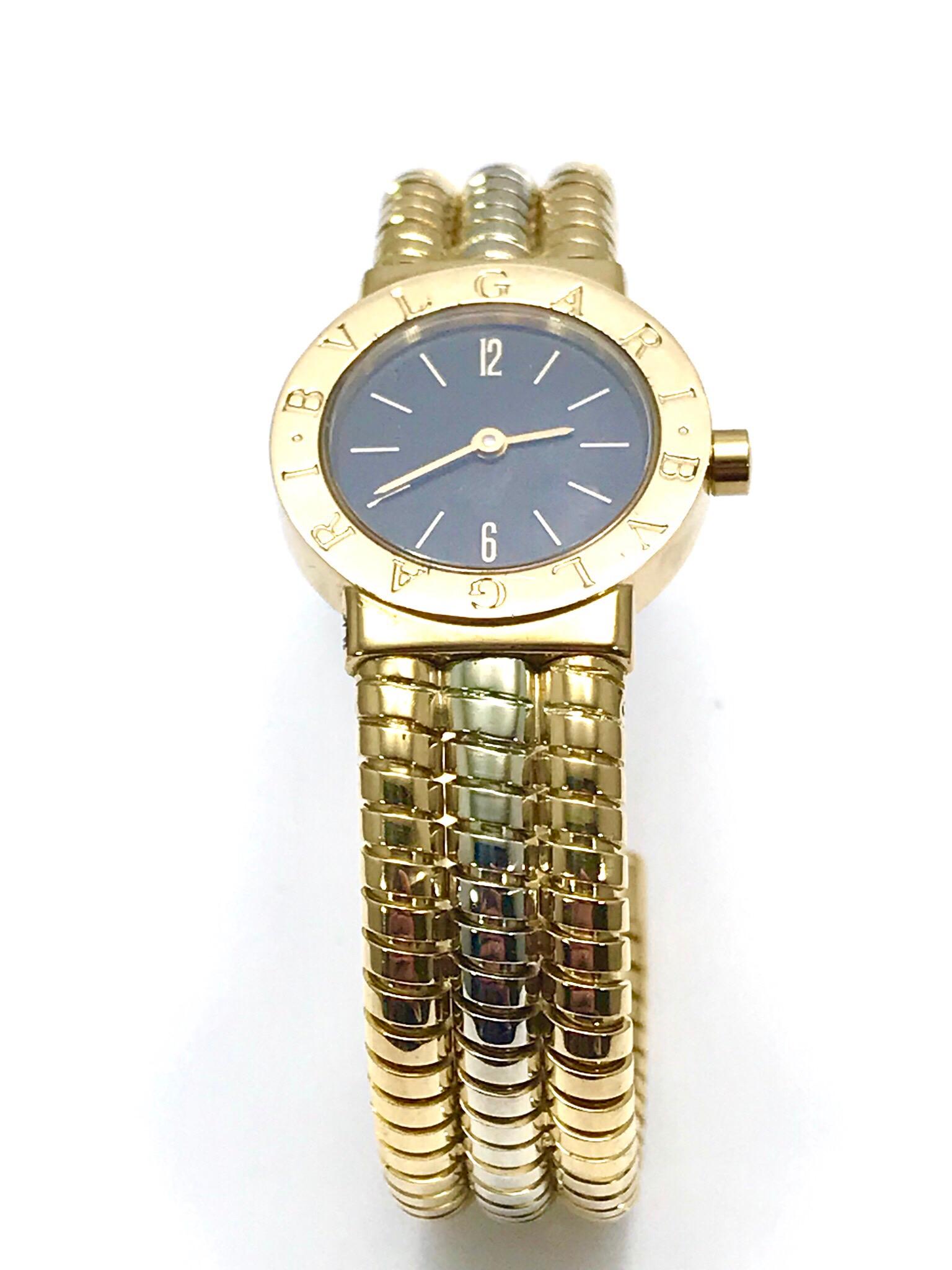 Retro Bulgari Tubogas 18 Karat Tri-Color Gold Open Flex Watch Bangle Bracelet