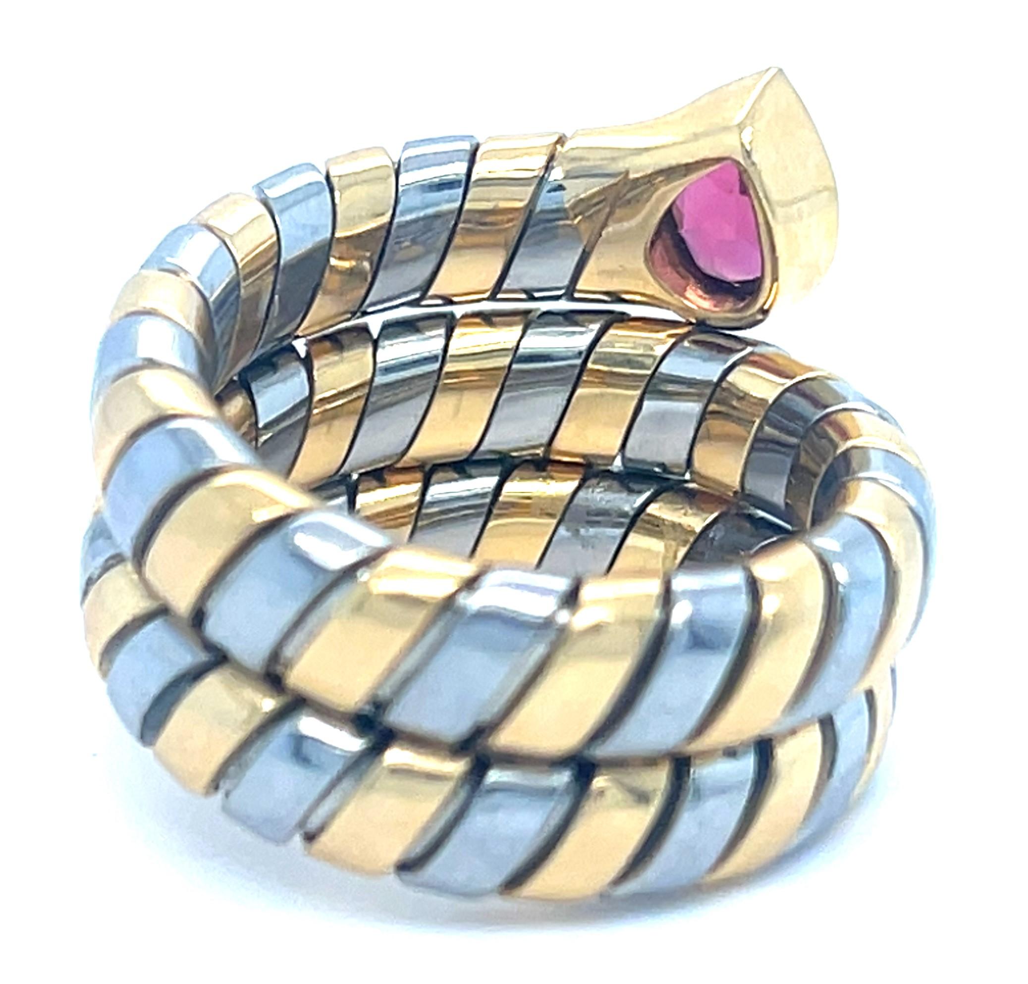Bulgari Tubogas 18k Gold & Stainless Steel Ring w/ Pink Tourmaline, Size 6.75 For Sale 3