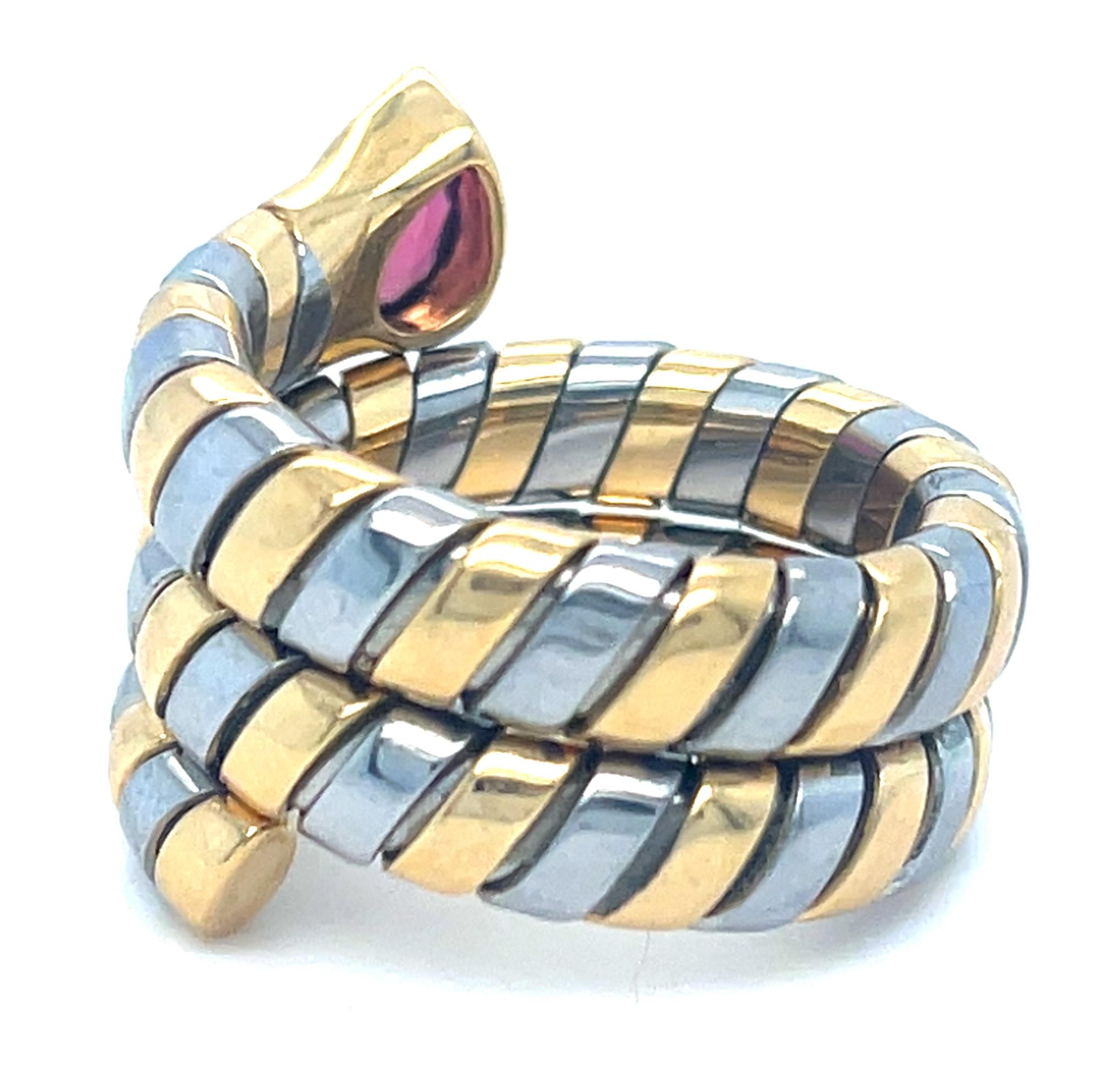 Bulgari Tubogas 18k Gold & Stainless Steel Ring w/ Pink Tourmaline, Size 6.75 For Sale 4