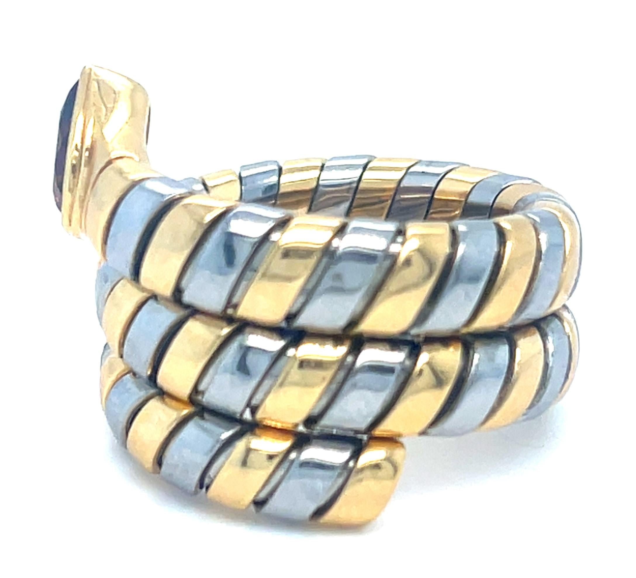 Bulgari Tubogas 18k Gold & Stainless Steel Ring w/ Pink Tourmaline, Size 6.75 For Sale 5