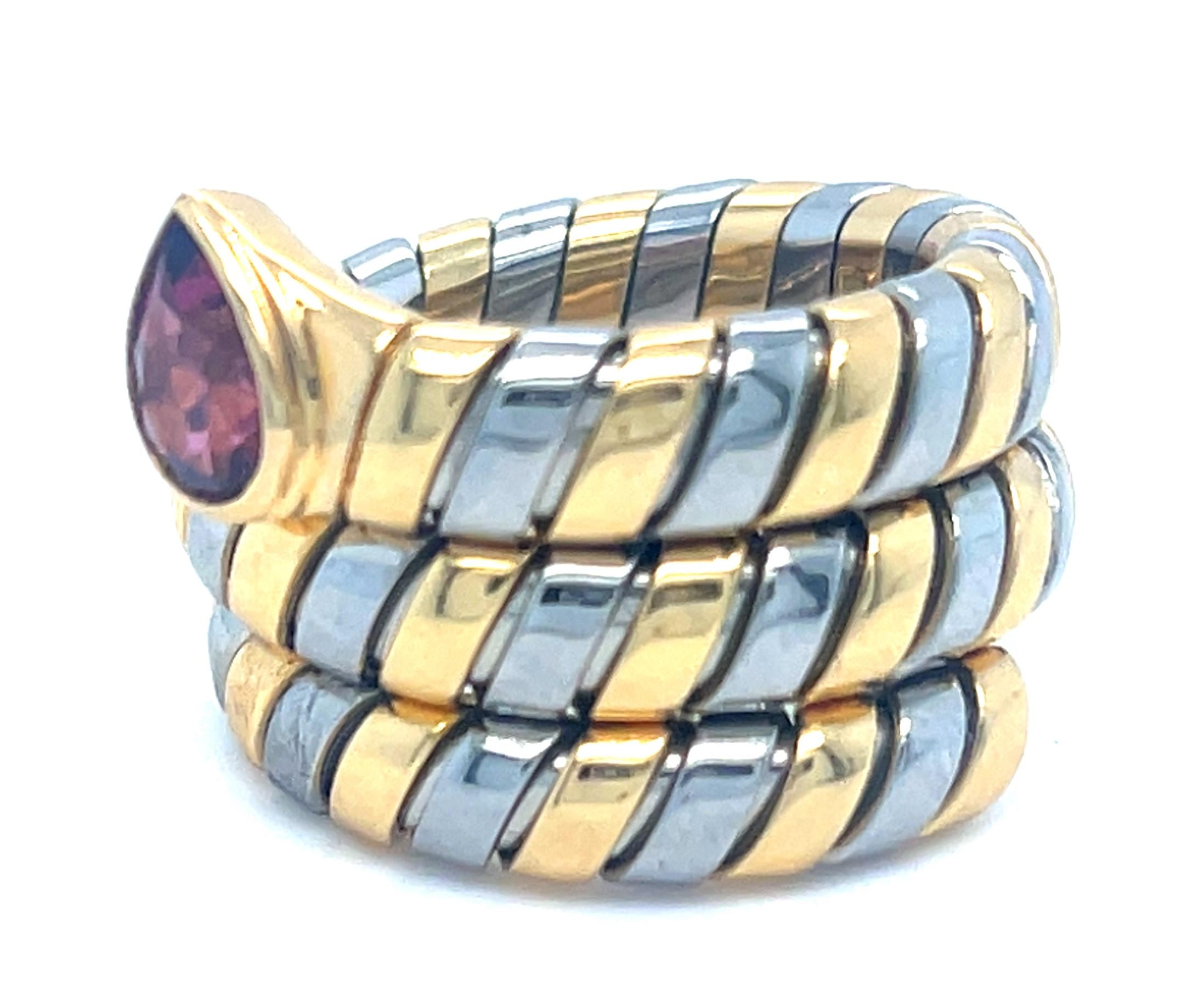 Bulgari Tubogas 18k Gold & Stainless Steel Ring w/ Pink Tourmaline, Size 6.75 For Sale 6