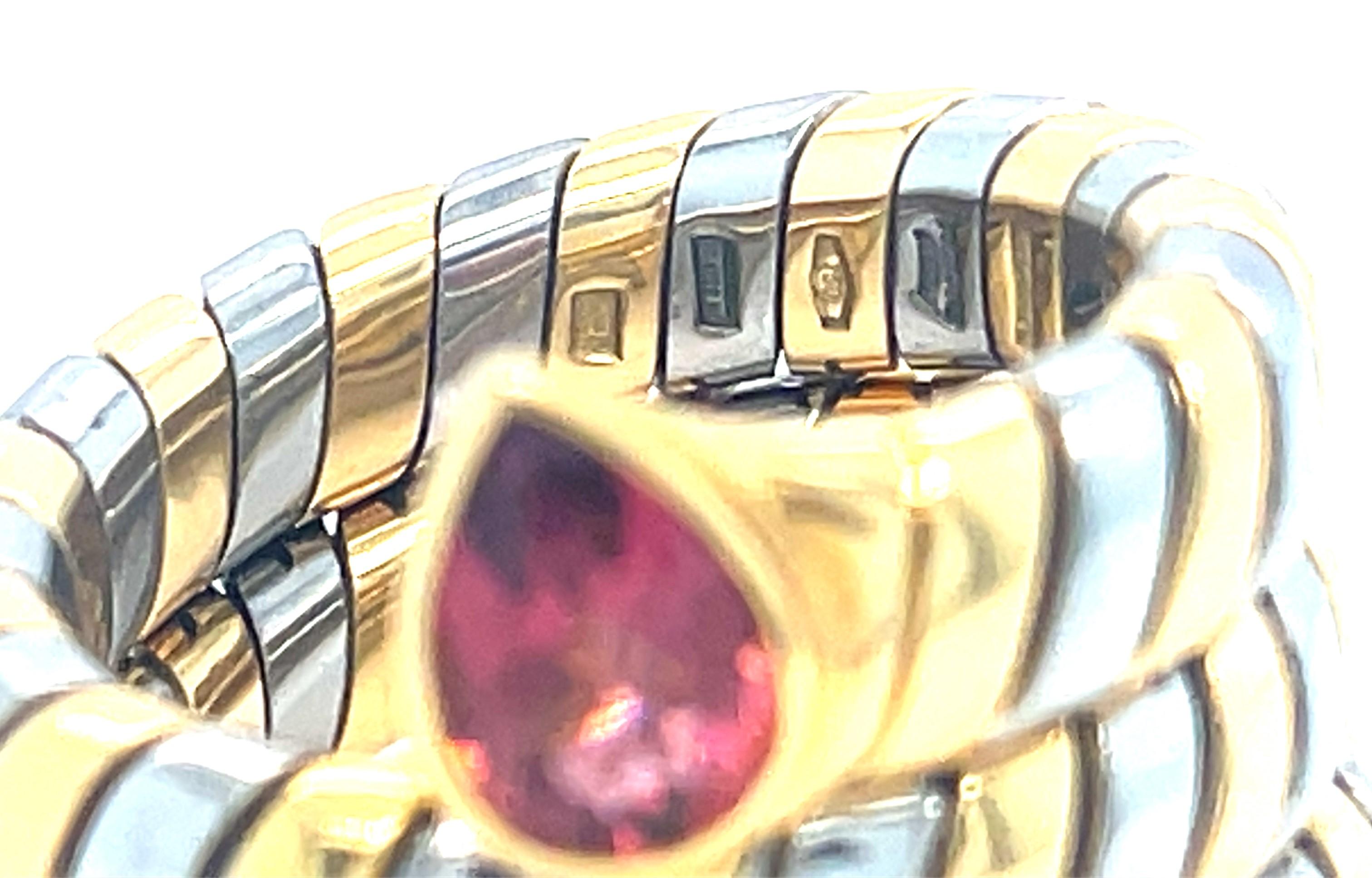 Bulgari Tubogas 18k Gold & Stainless Steel Ring w/ Pink Tourmaline, Size 6.75 For Sale 7