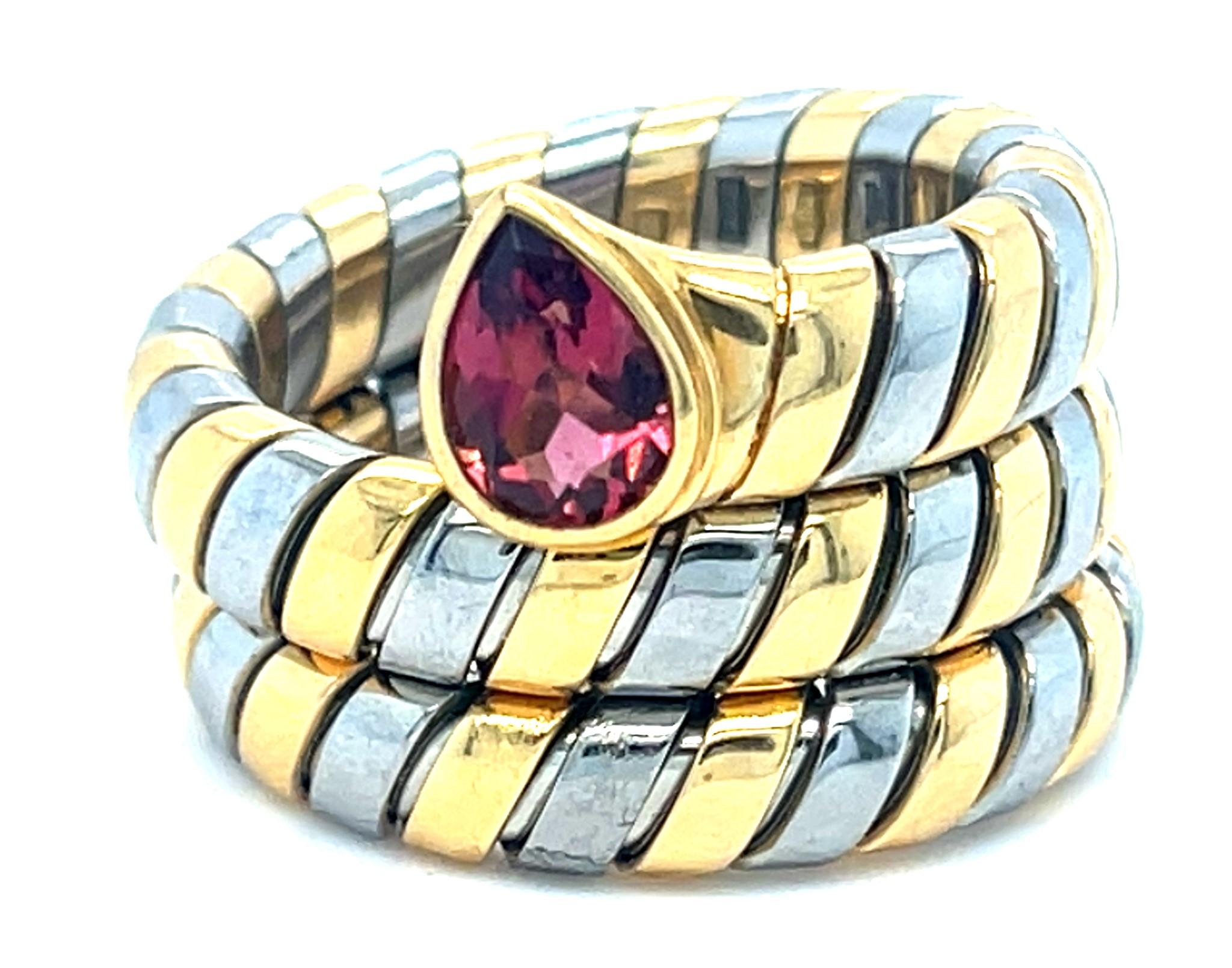 Bulgari Tubogas 18k Gold & Stainless Steel Ring w/ Pink Tourmaline, Size 6.75 For Sale 8