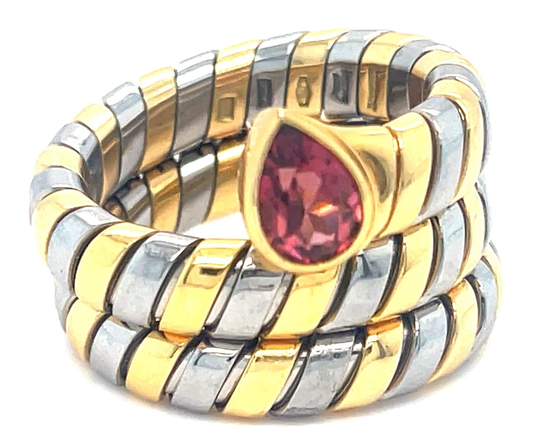 Modern Bulgari Tubogas 18k Gold & Stainless Steel Ring w/ Pink Tourmaline, Size 6.75 For Sale