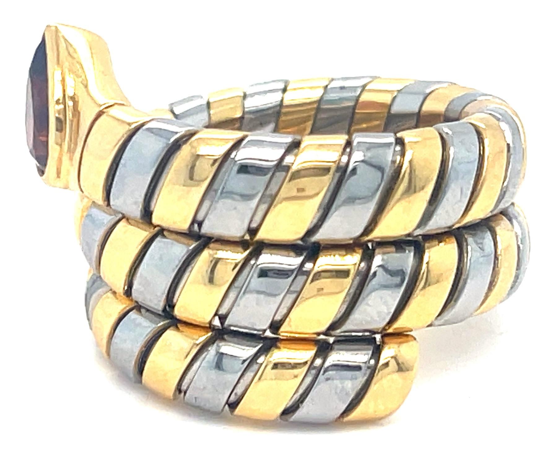 Pear Cut Bulgari Tubogas 18k Gold & Stainless Steel Ring w/ Pink Tourmaline, Size 6.75 For Sale