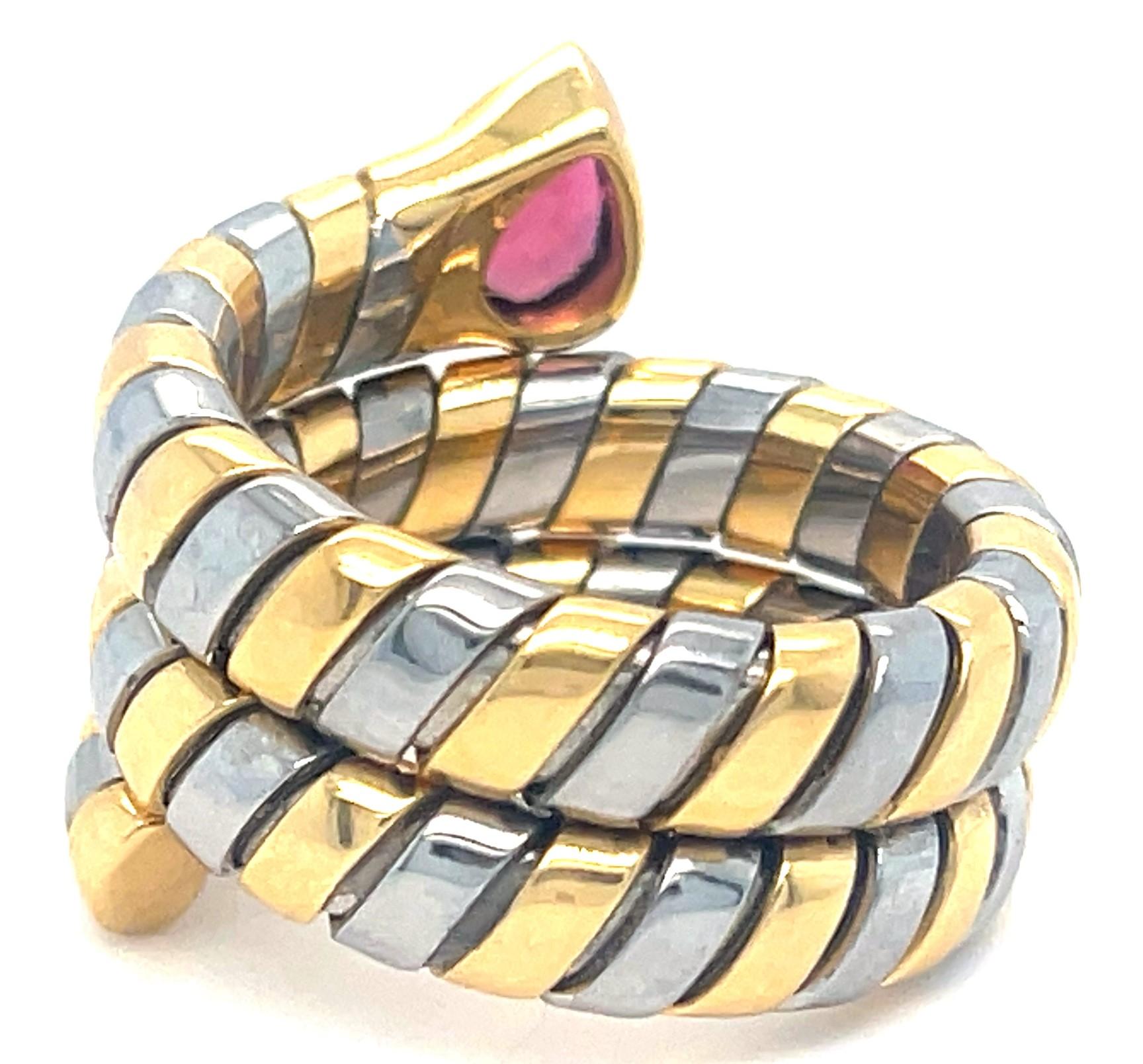 Bulgari Tubogas 18k Gold & Stainless Steel Ring w/ Pink Tourmaline, Size 6.75 In Good Condition For Sale In Sherman Oaks, CA