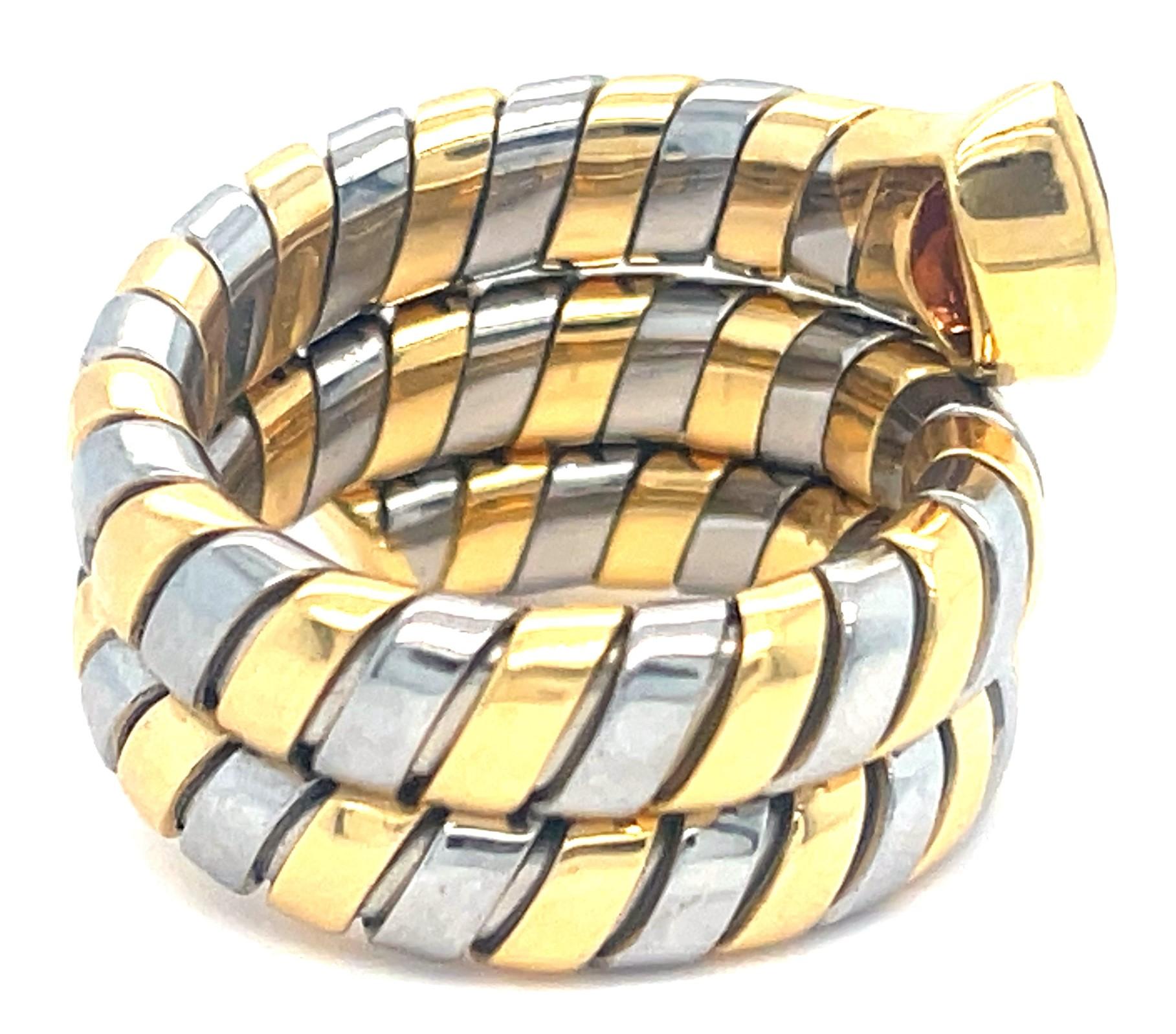 Women's or Men's Bulgari Tubogas 18k Gold & Stainless Steel Ring w/ Pink Tourmaline, Size 6.75 For Sale