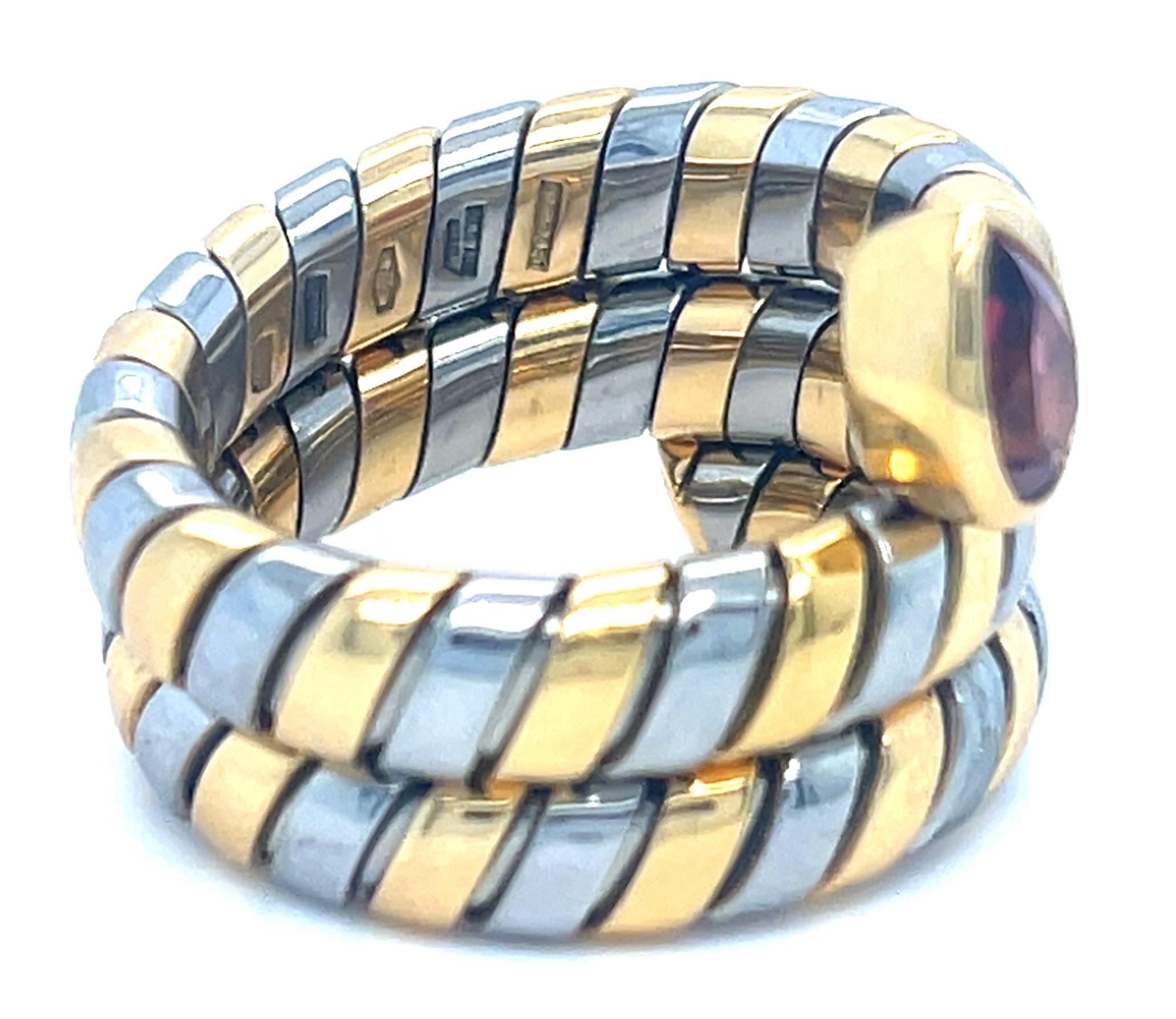 Bulgari Tubogas 18k Gold & Stainless Steel Ring w/ Pink Tourmaline, Size 6.75 For Sale 1