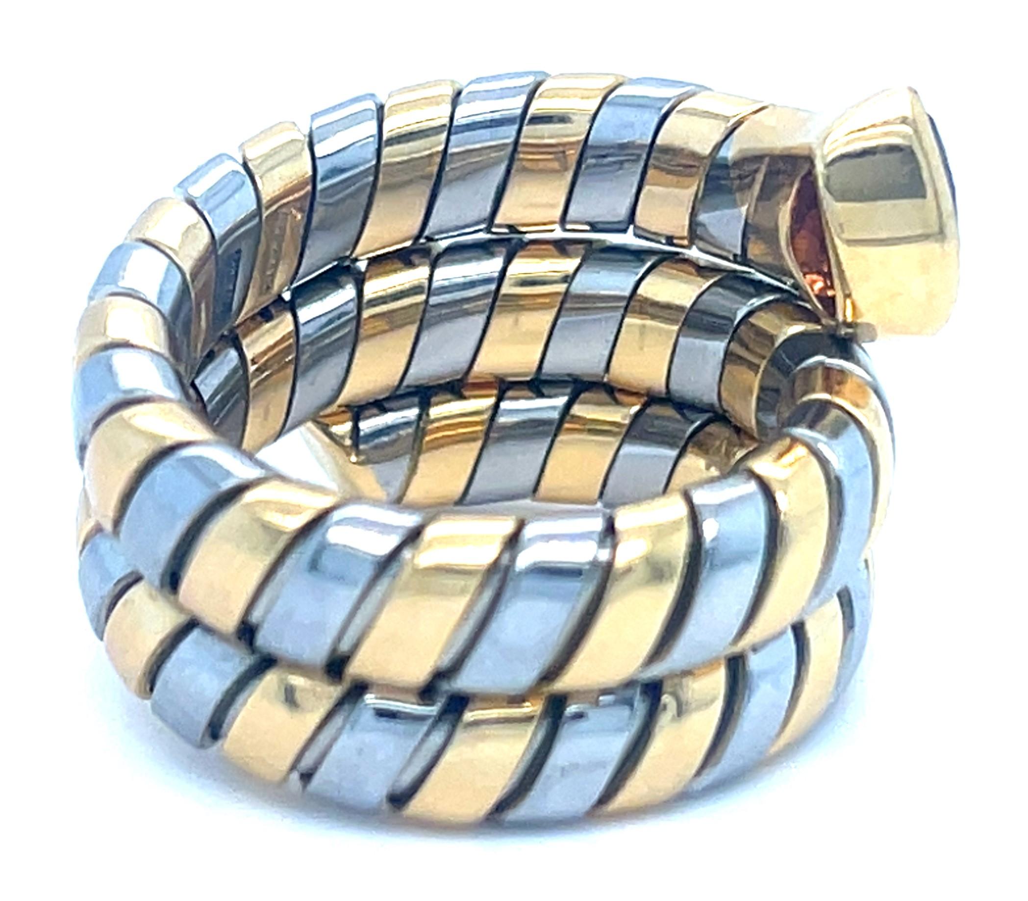 Bulgari Tubogas 18k Gold & Stainless Steel Ring w/ Pink Tourmaline, Size 6.75 For Sale 2