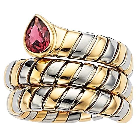 Bulgari Tubogas Ring aus 18 Karat Gold und Edelstahl mit rosa Turmalin, Größe 6,75