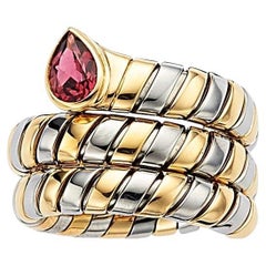 Bulgari Tubogas 18k Gold & Stainless Steel Ring w/ Pink Tourmaline, Size 6.75