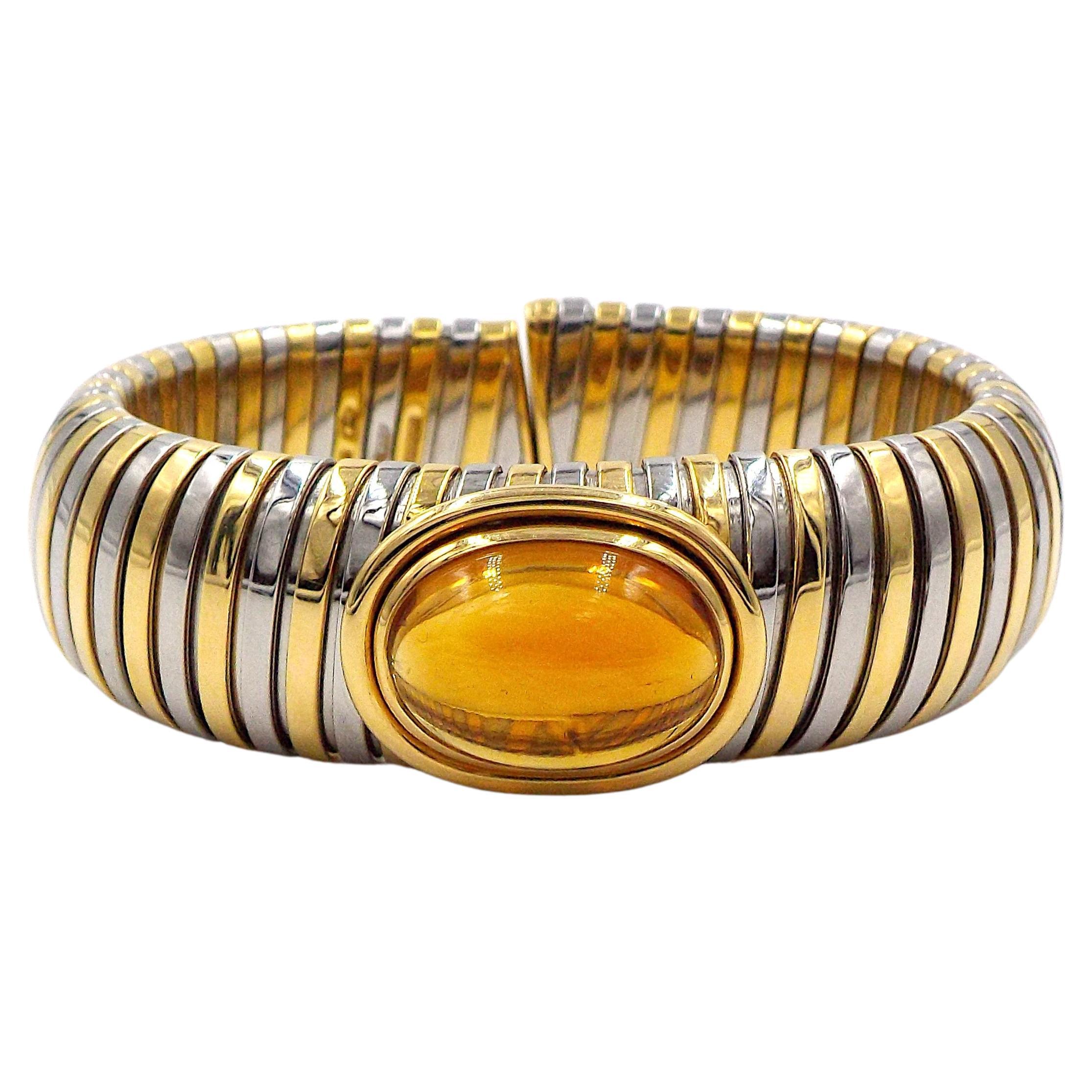 Bulgari Tubogas 18k Yellow Gold Steel Citrine Bangle Bracelet