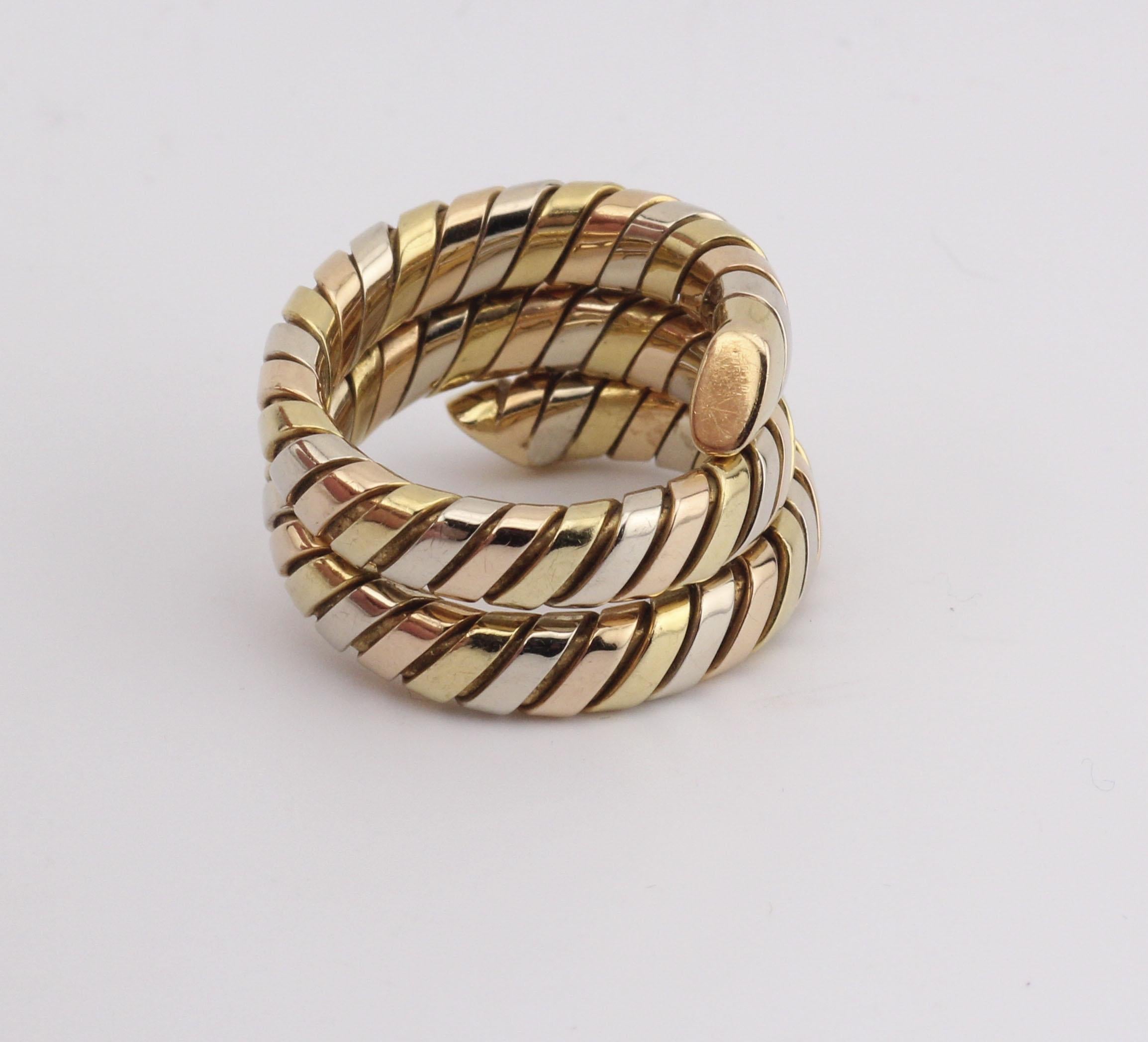 Bulgari Tubogas 3 Color 18K Gold Flexible Snake Ring Size 6.5 In Good Condition In Simpsonville, SC