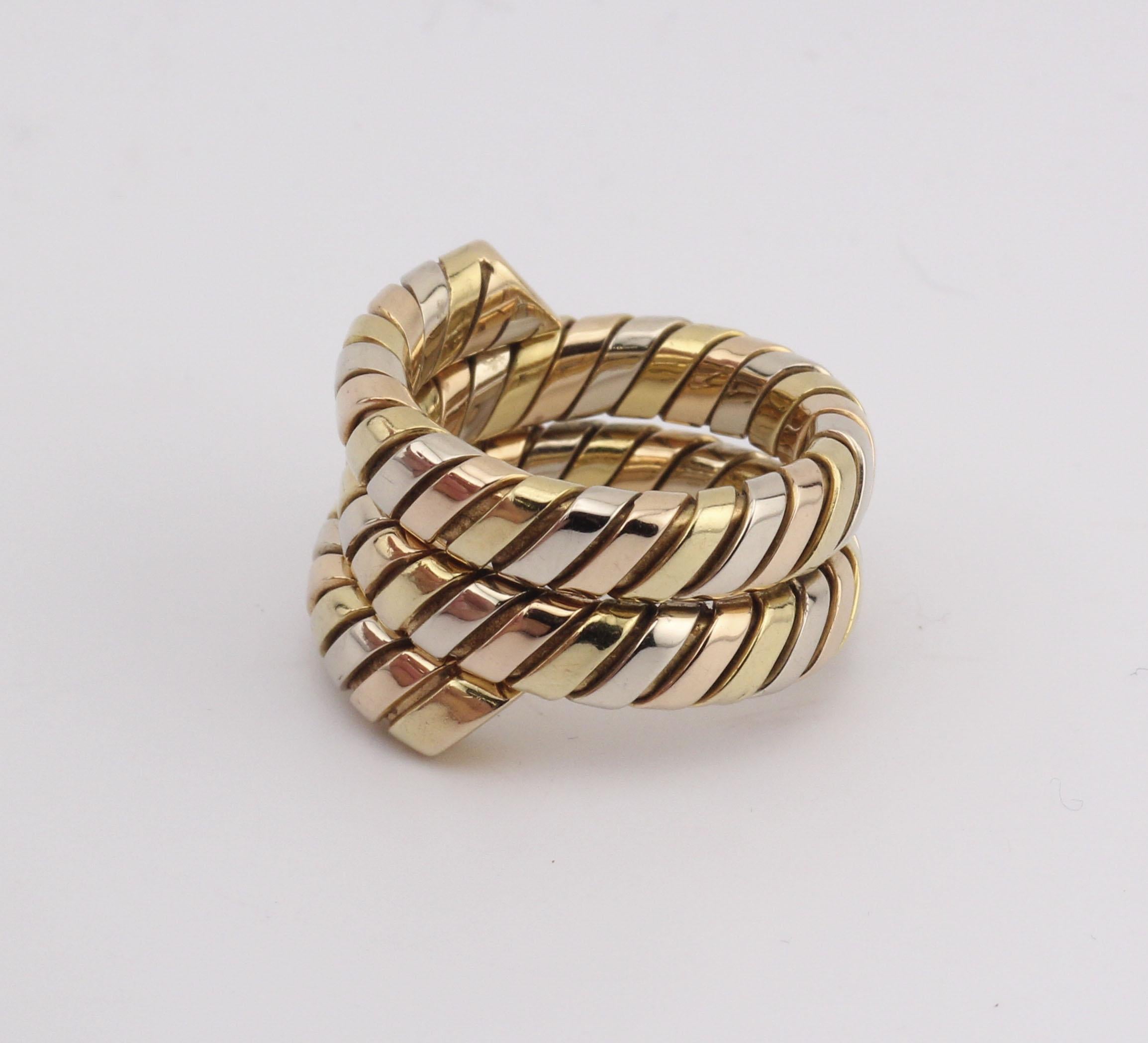 Women's or Men's Bulgari Tubogas 3 Color 18K Gold Flexible Snake Ring Size 6.5