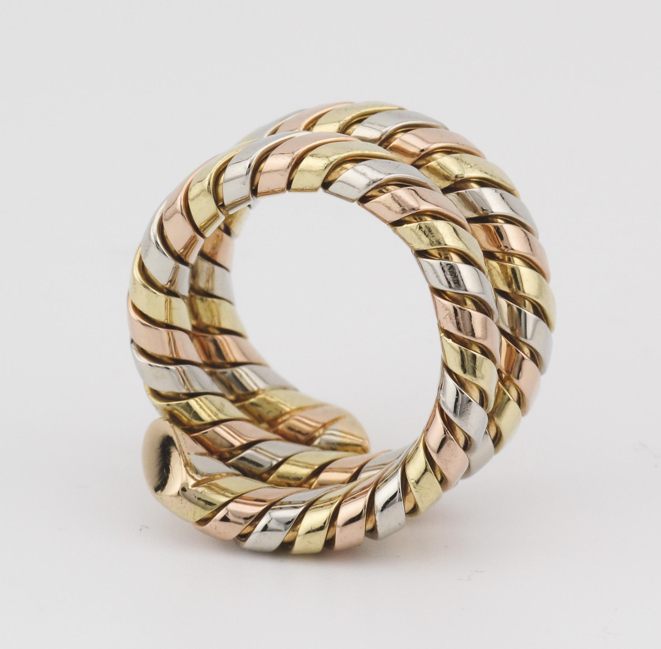 Bulgari Tubogas 3 Color 18K Gold Flexible Snake Ring Size 6.5 In Good Condition For Sale In Bellmore, NY