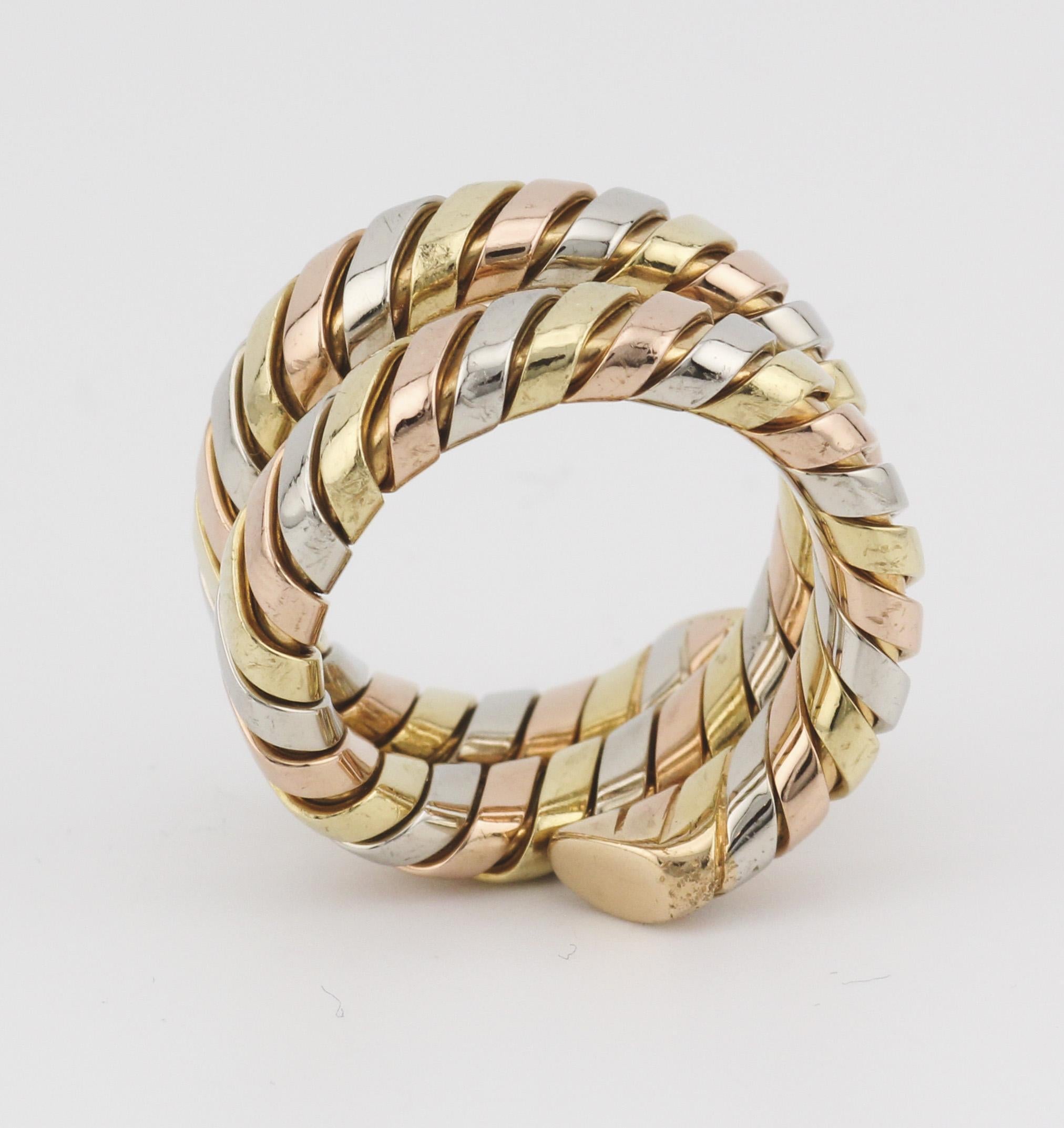Women's Bulgari Tubogas 3 Color 18K Gold Flexible Snake Ring Size 6.5 For Sale