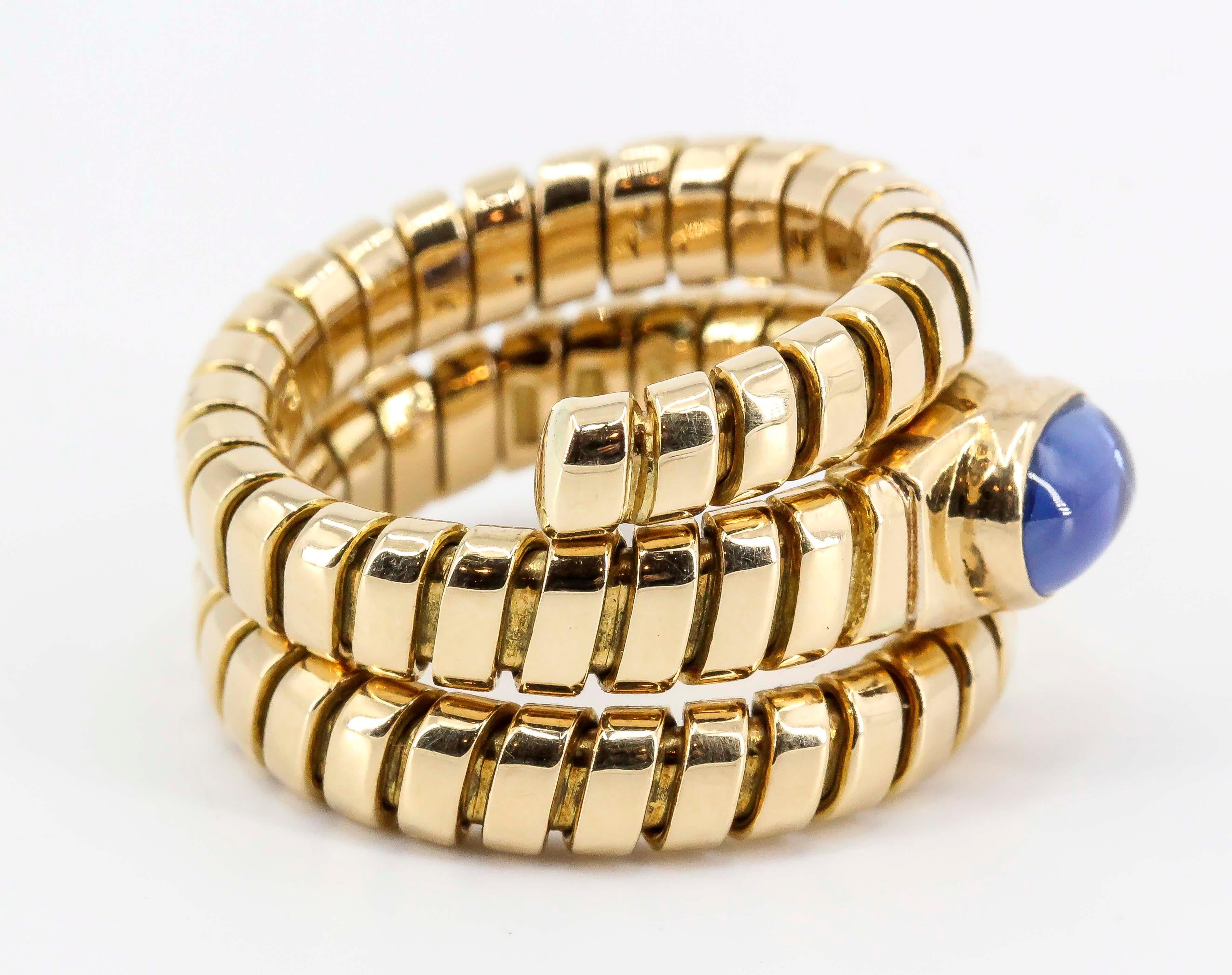 Bulgari Tubogas Blue Sapphire and 18 Karat Yellow Gold Flexible Coil Ring 2