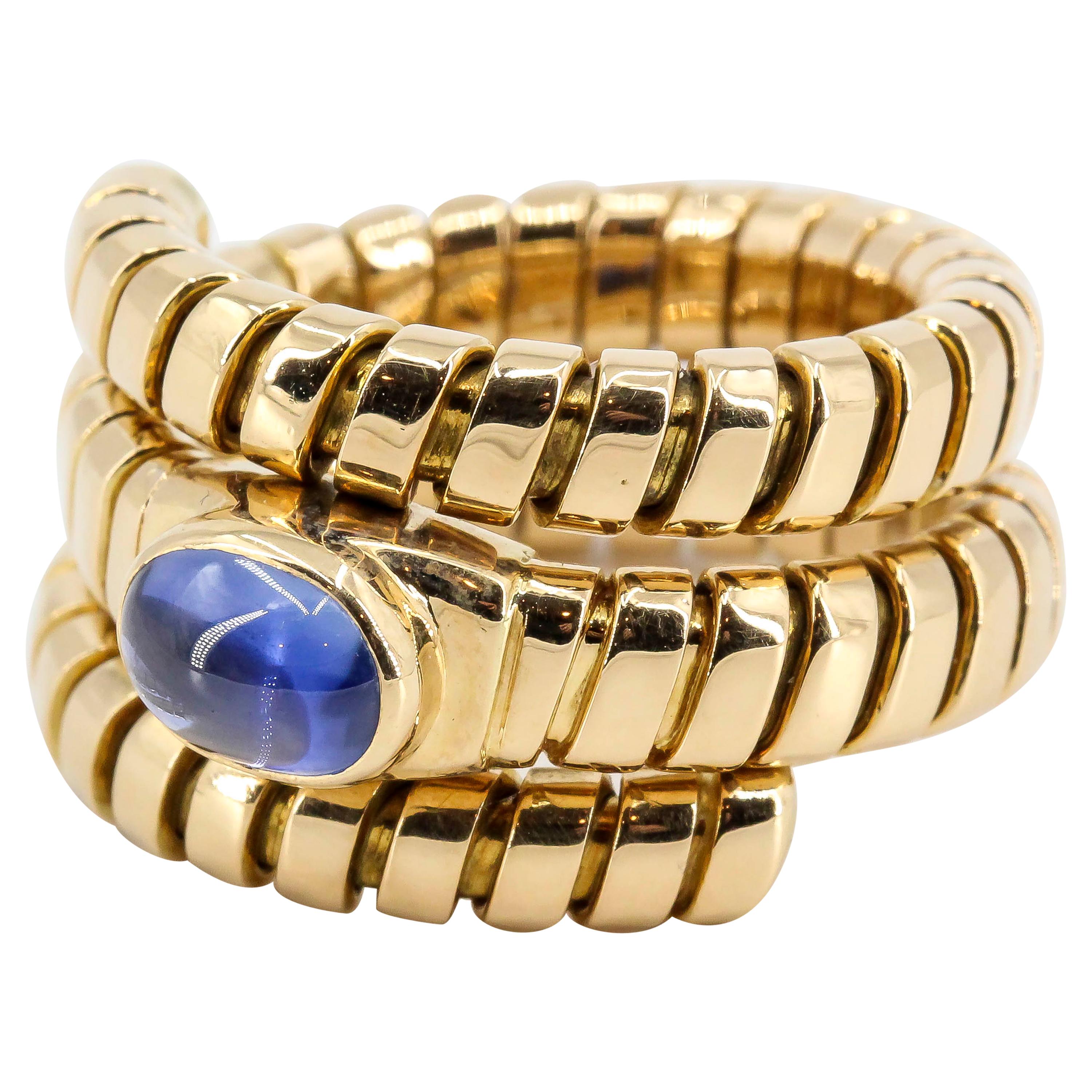 Bulgari Tubogas Blue Sapphire and 18 Karat Yellow Gold Flexible Coil Ring