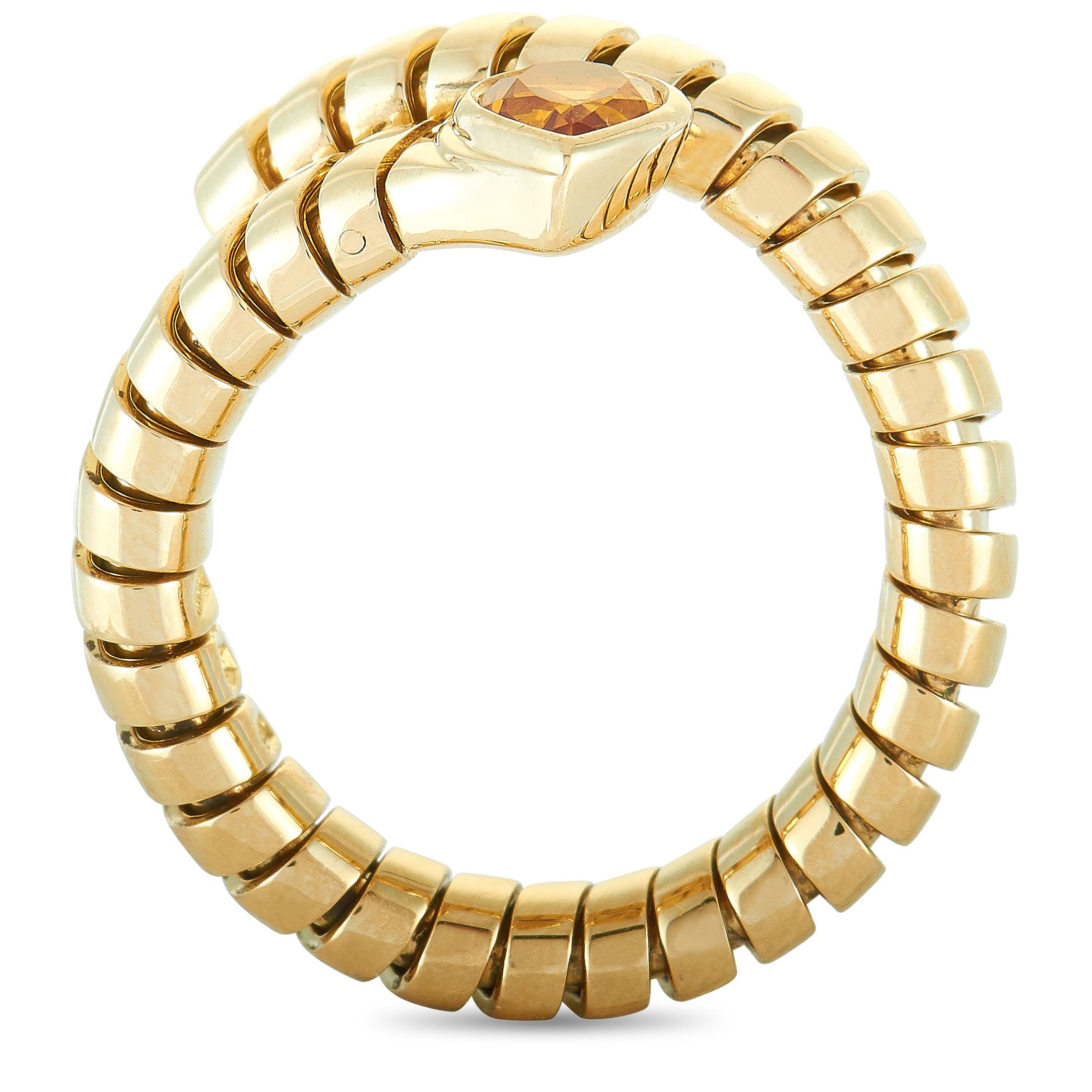 The Bvlgari “Tubogas” ring is crafted from 18K yellow gold and set with a citrine. The ring weighs 9.7 grams, boasting band thickness of 5 mm and top height of 3 mm, while top dimensions measure 8 by 5 mm.

This jewelry piece is offered in estate