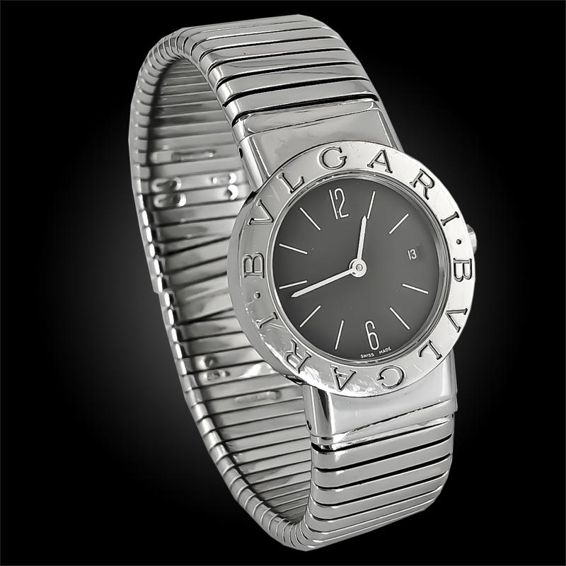 A vintage and estate collection piece by Bulgari,  comprising a stainless steel Tubogas watch designed as a cuff, featuring the iconic double Bulgari logo engraved around the dial.  

Signed Bulgari