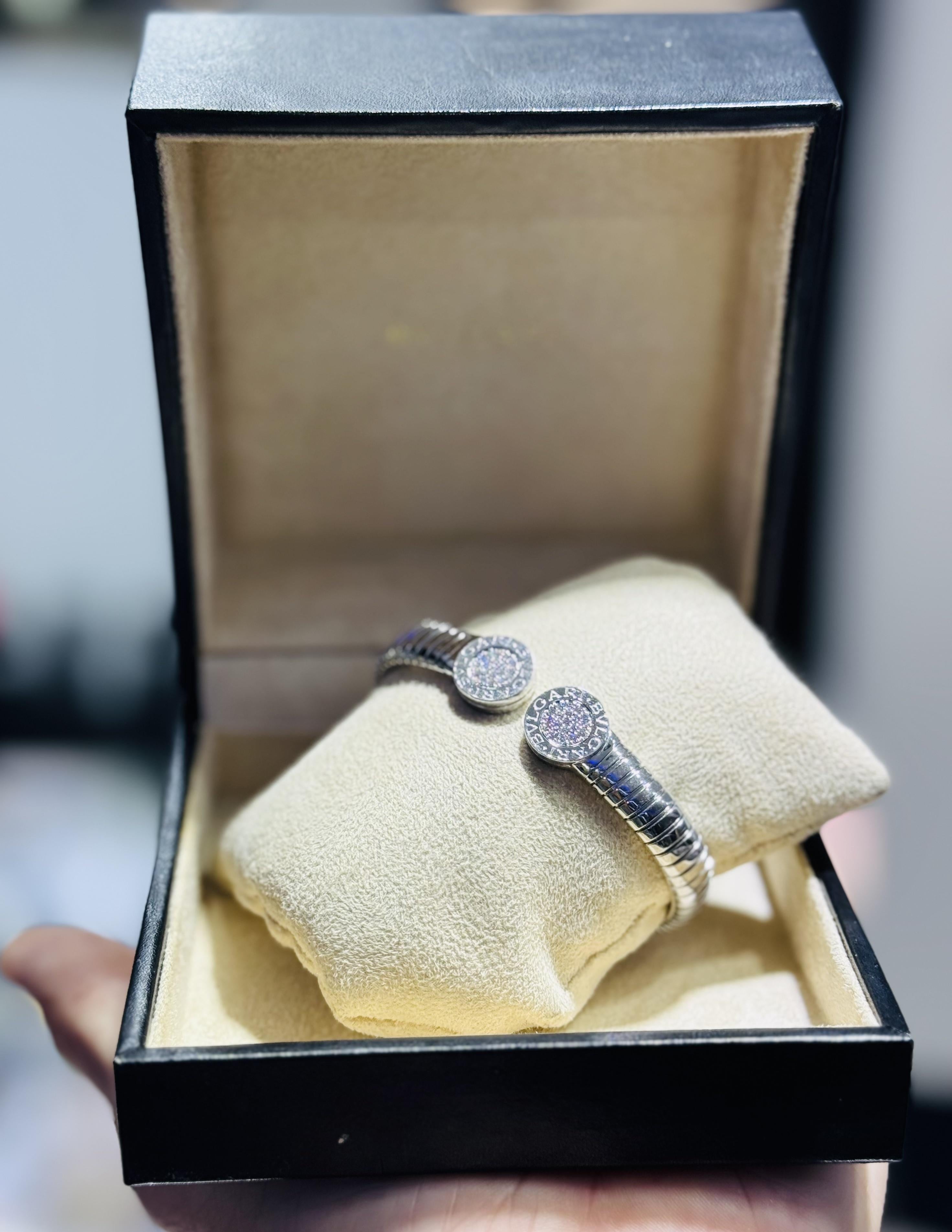 Round Cut Bulgari Tubogas Diamond Cuff Bangle in Stainless Steel