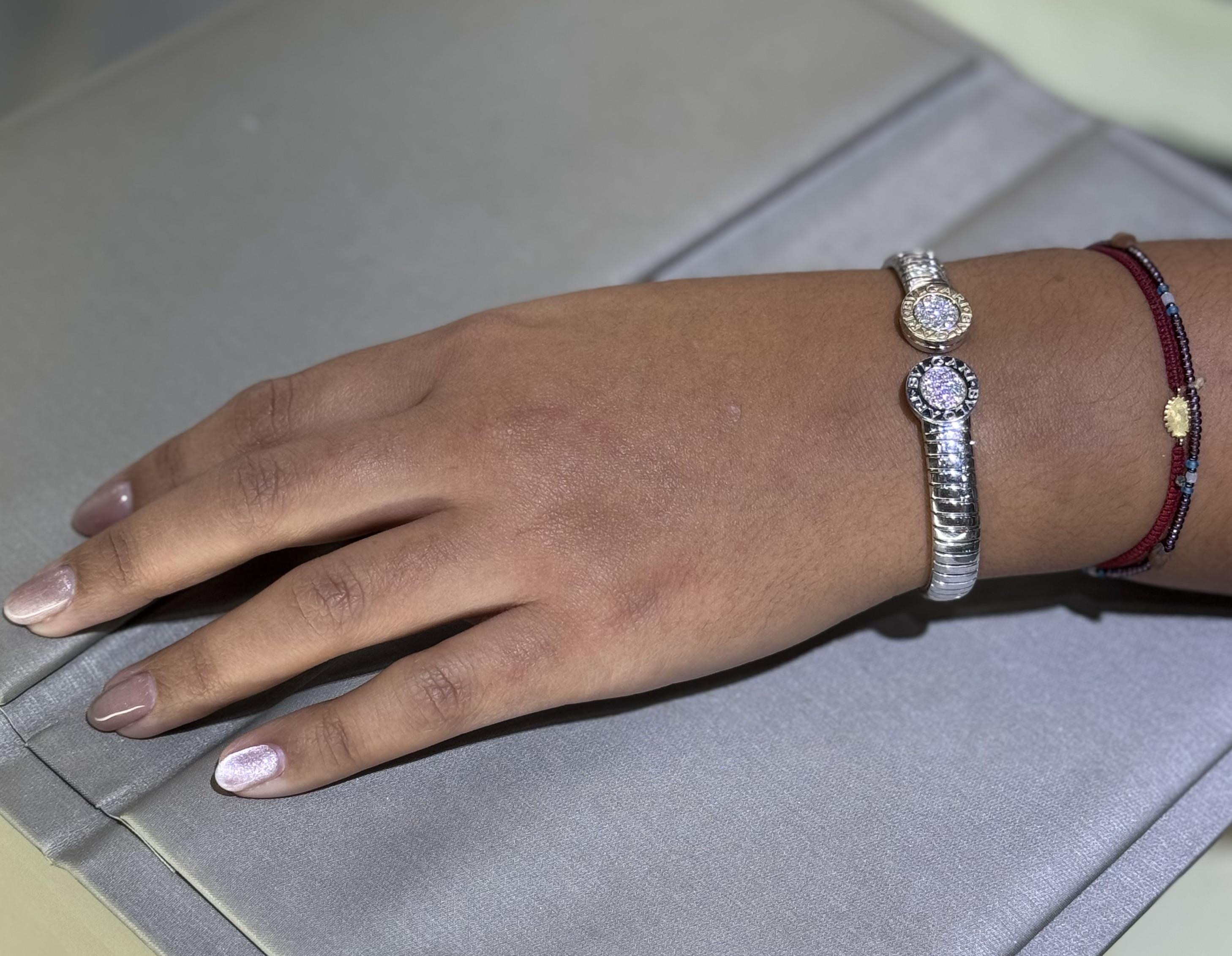Women's Bulgari Tubogas Diamond Cuff Bangle in Stainless Steel