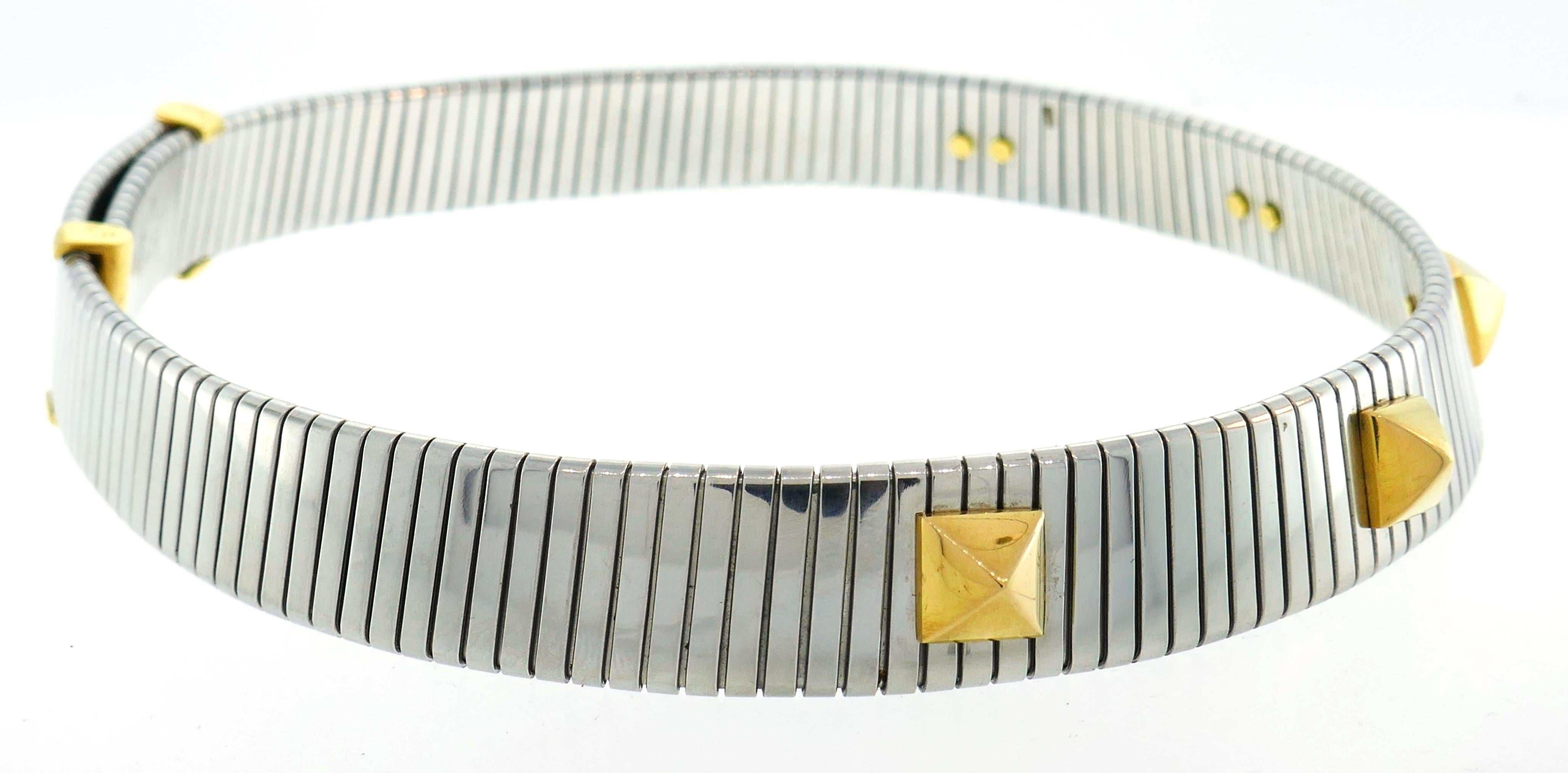 Bulgari Tubogas Earrings and Necklace Set Stainless Steel Yellow Gold, 1980s In Excellent Condition In Beverly Hills, CA