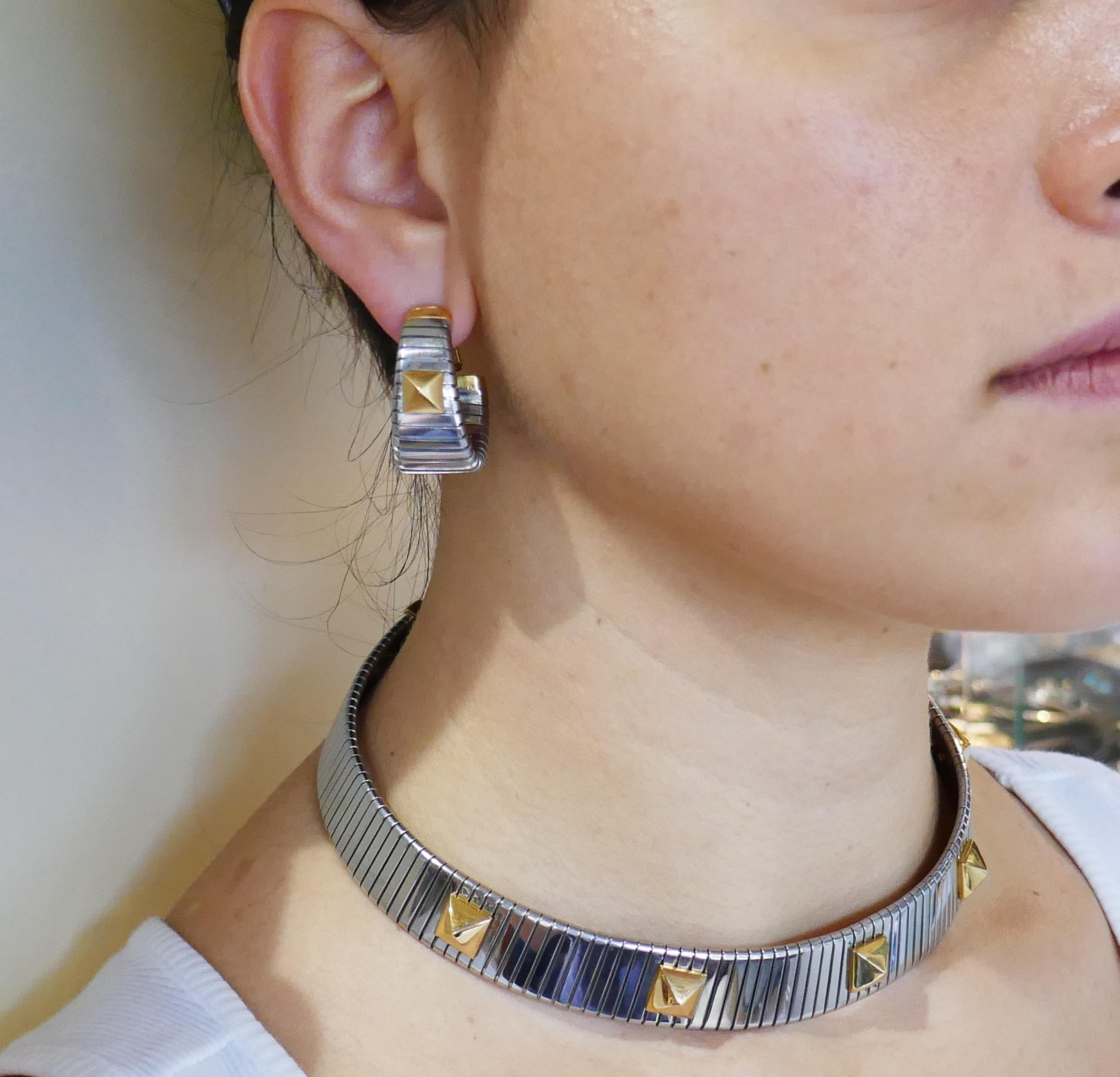 Bulgari Tubogas Earrings and Necklace Set Stainless Steel Yellow Gold, 1980s 3
