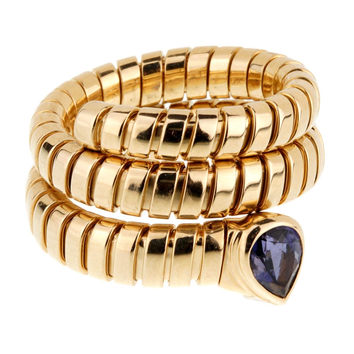 Bulgari Tubogas Gold Iolite Ring In Excellent Condition In Feasterville, PA