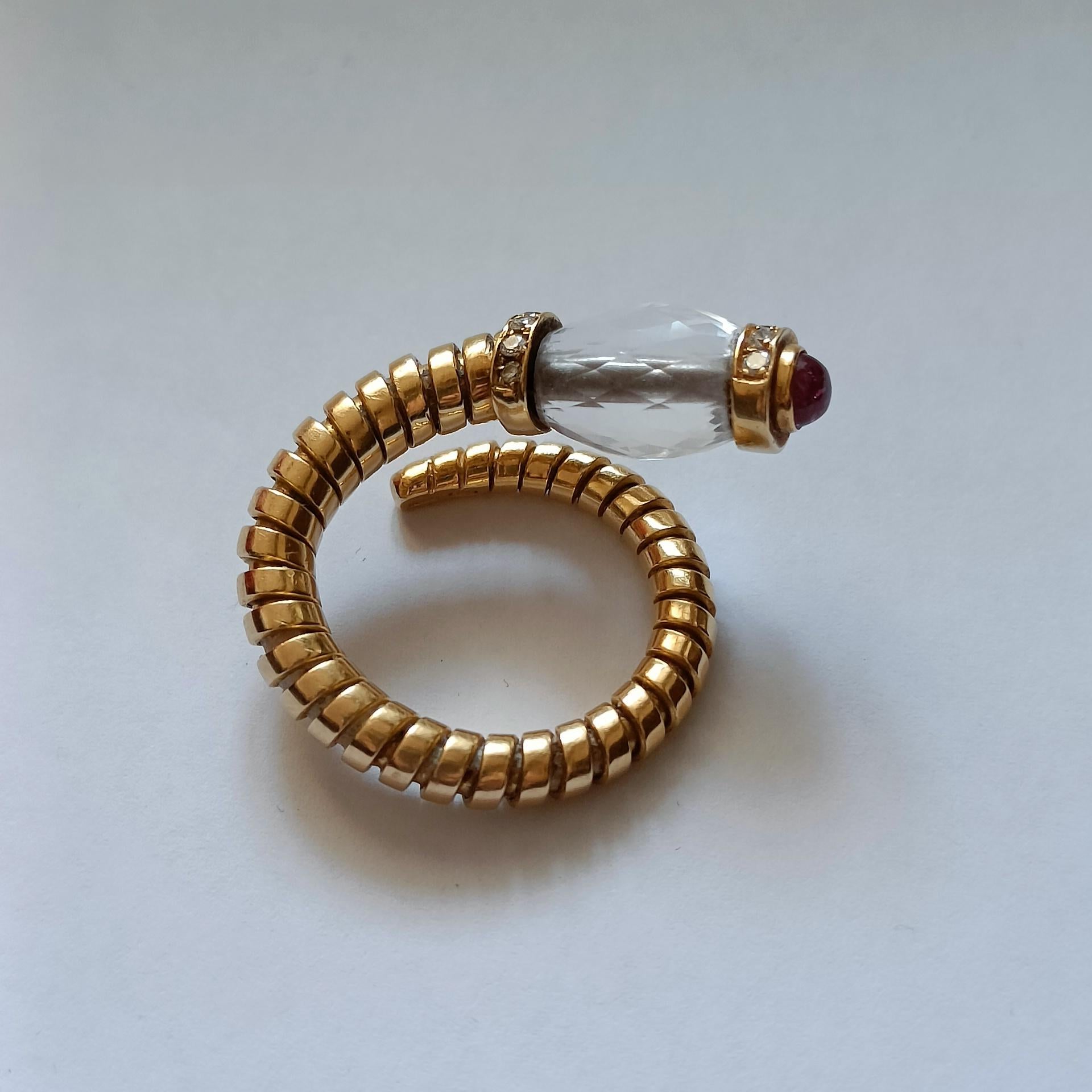 Cabochon Bulgari Tubogas Gold Ring with Rock Crystal, Ruby and Diamonds For Sale
