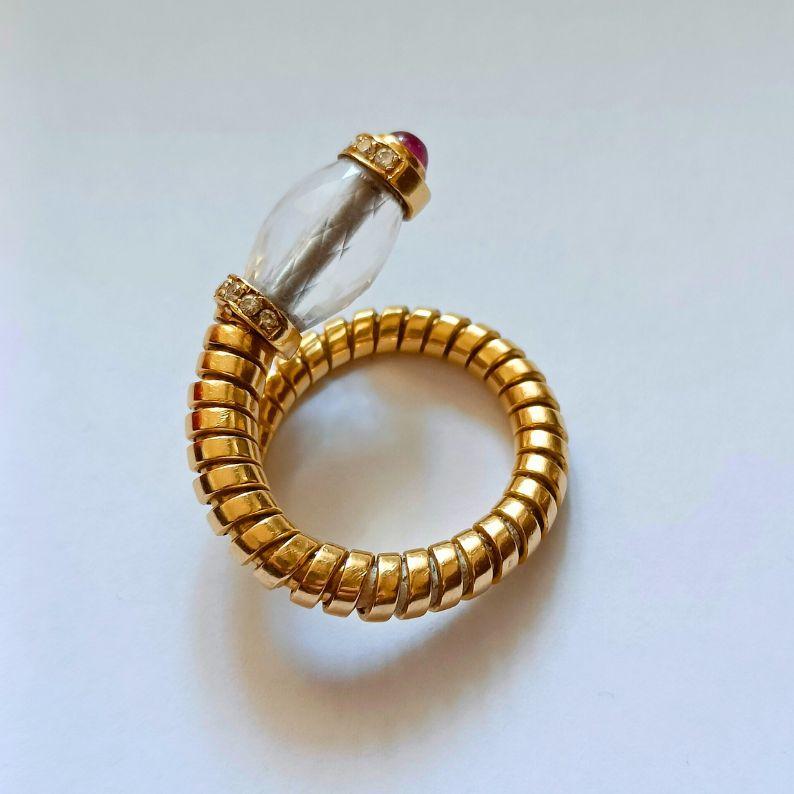 Cabochon Bulgari 18k Yellow Gold Flexible Tubogas Ring with Rock Crystal, Ruby & Diamonds For Sale