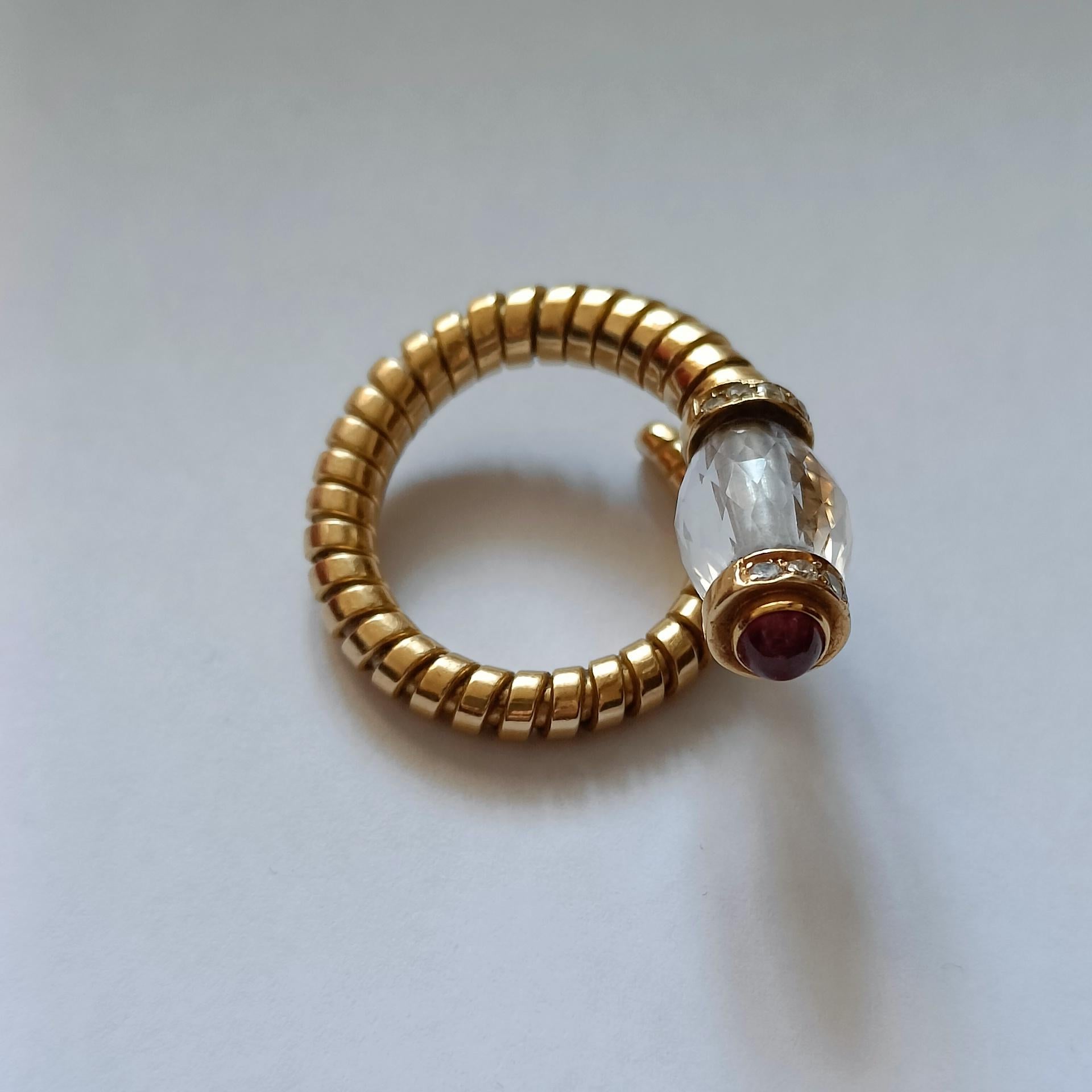 Women's or Men's Bulgari Tubogas Gold Ring with Rock Crystal, Ruby and Diamonds For Sale