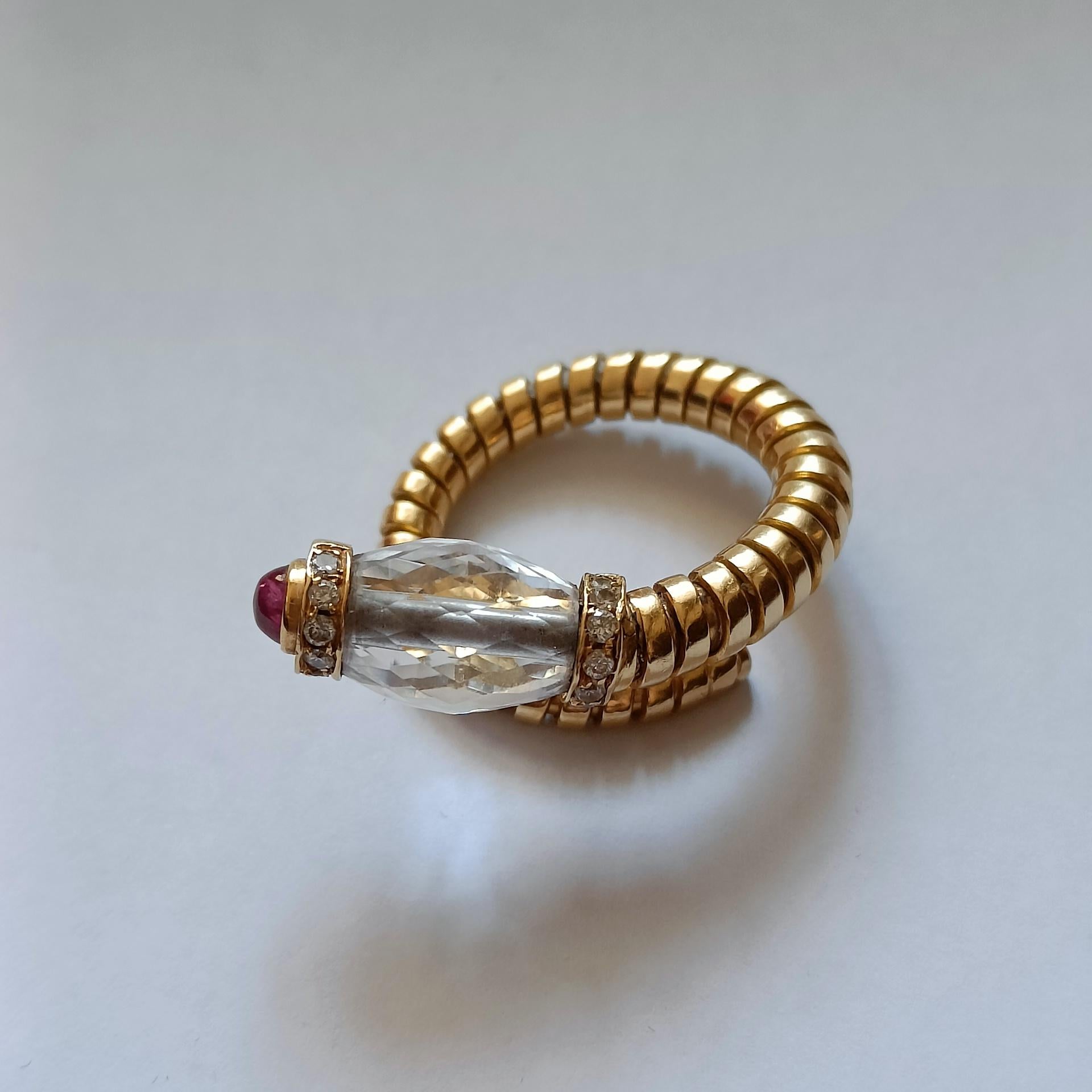 Bulgari Tubogas Gold Ring with Rock Crystal, Ruby and Diamonds For Sale 1