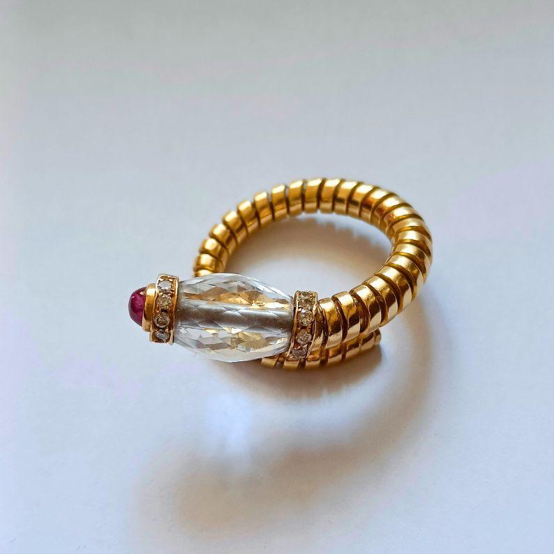 Women's or Men's Bulgari 18k Yellow Gold Flexible Tubogas Ring with Rock Crystal, Ruby & Diamonds For Sale
