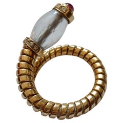 Retro Bulgari Tubogas Gold Ring with Rock Crystal, Ruby and Diamonds