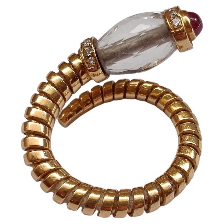 Bulgari Tubogas Gold Ring with Rock Crystal, Ruby and Diamonds For Sale