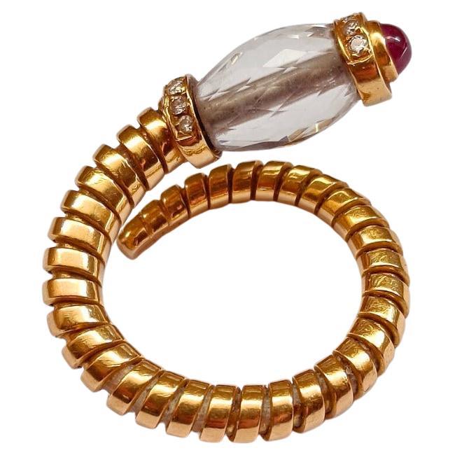 Bulgari 18k Yellow Gold Flexible Tubogas Ring with Rock Crystal, Ruby
Diamonds
